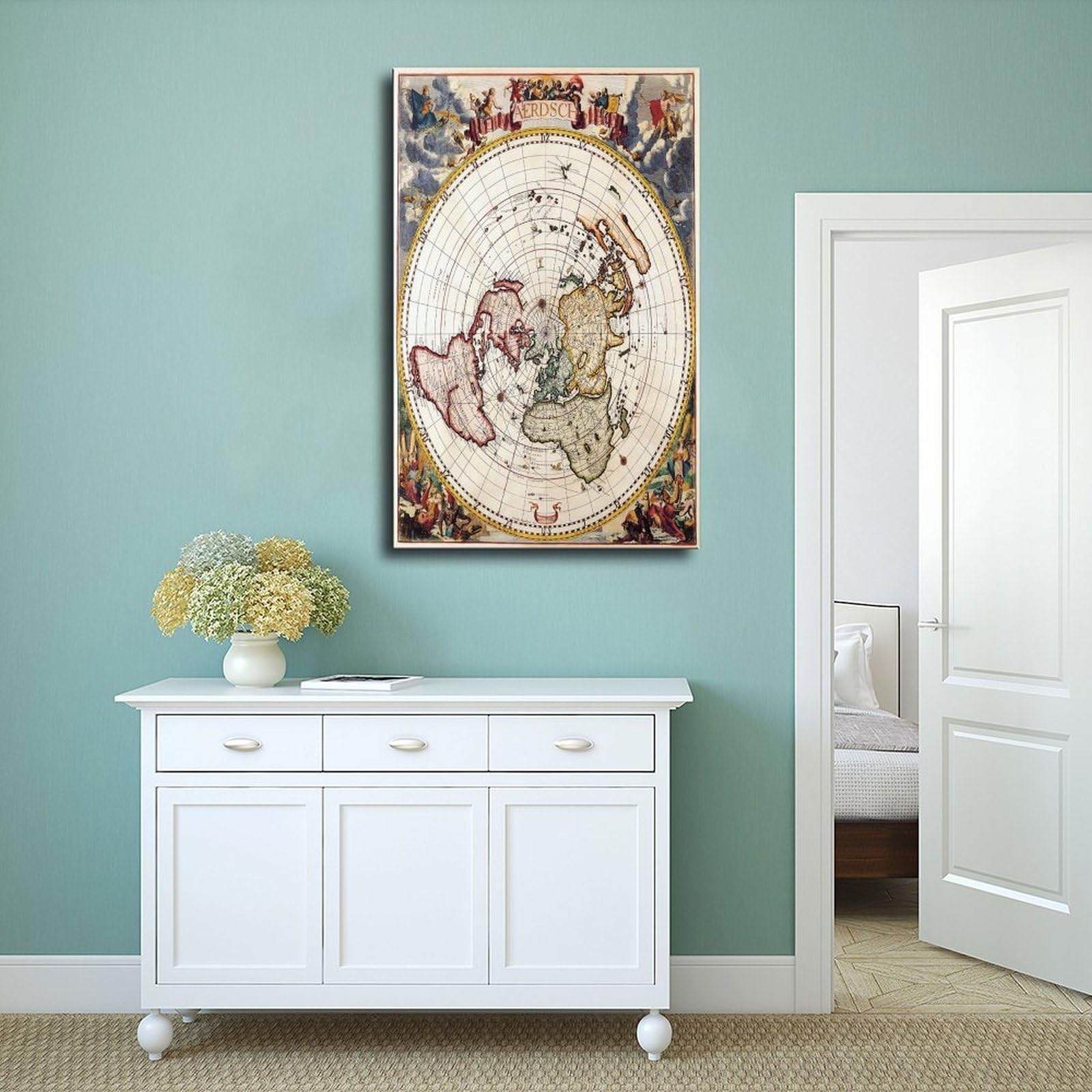 WCYB Flache Erde Weltkarte Vintage – Jacob Harrewyn – Polar-Azimut-Projektionsdrucke, Poster, Leinwand, Dekoration, Gemälde, Wandkunst für Büro, zum Aufhängen, Rahmen, 40,6 cm