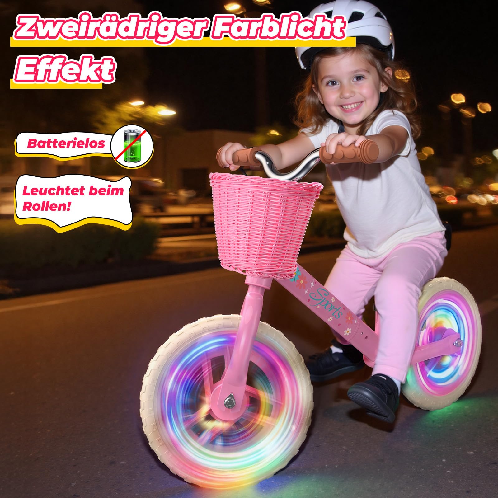 HappyGoLucky Laufrad Ab 2-5 Jahre, Kinder Lauflernrad – Leuchträder/Höhenverstellbar/Geflochtener Korb, Spielzeug Geschenk 2-5 Jahre Mädchen Outdoor Kinderspielzeug