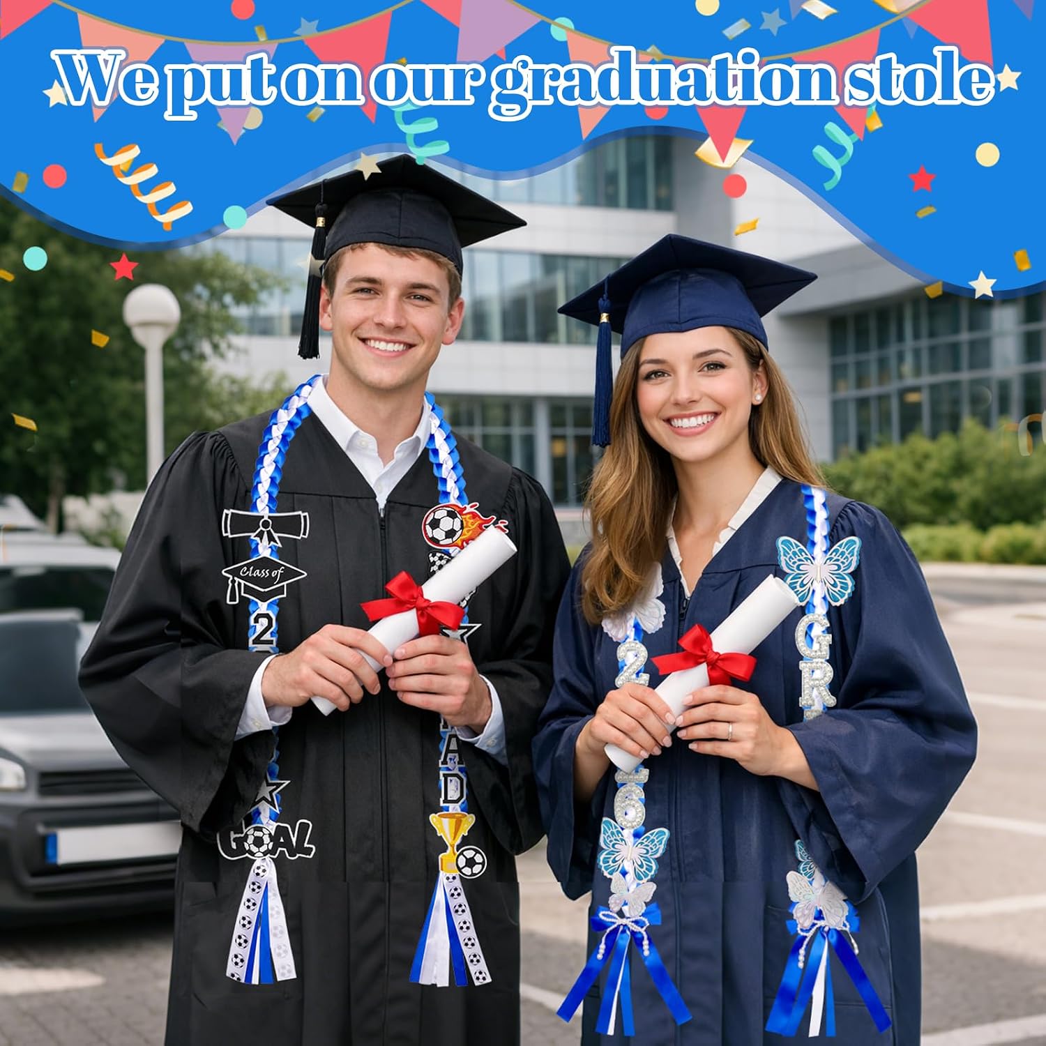 Class of 2026 Graduation Lei,Blue&White Graduation Ribbon Lei image 3