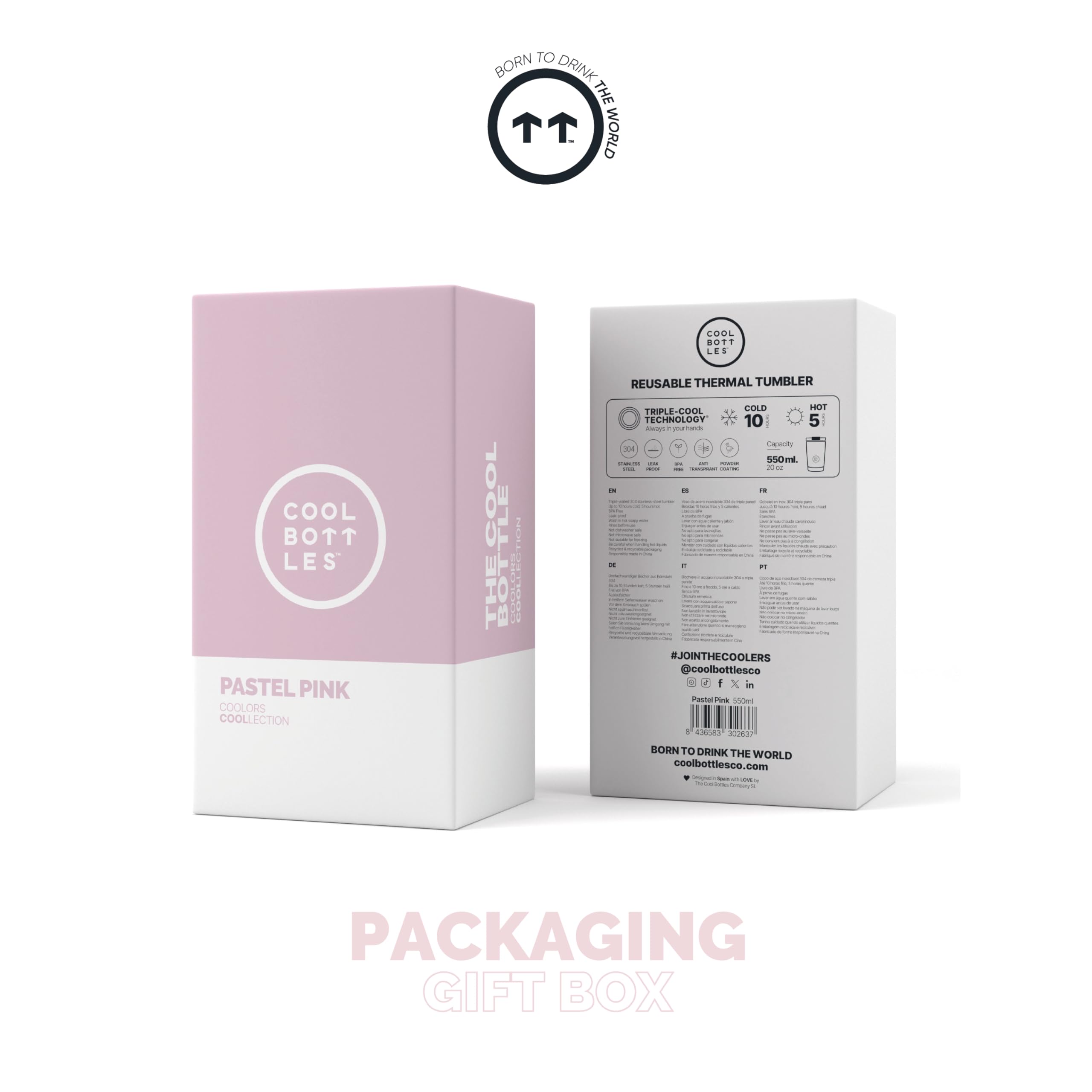 Cool Bottles - Tumbler - Bicchiere Termico in Acciaio Inossidabile - 550 ml - Pastel Pink - Tazza da Caffè - Coperchio Ermetico - Bevande Fredde 10 ore e Calde 5 ore - Finitura Antimacchia