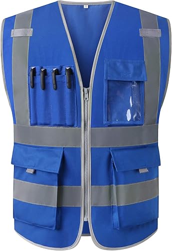 Chaleco de seguridad azul reflectante con bolsillos y cremallera para hombres y mujeres, ropa de trabajo de construcción (3XL, azul)
