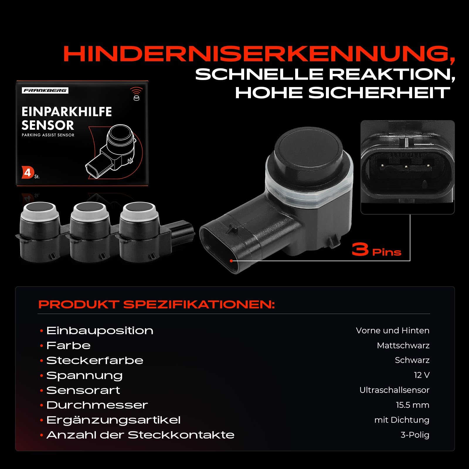 Frankberg 4x Parksensor Vorne Hinten Kompatibel mit 500 312 0.9L-1.4L 2007-2024 Punto 1.4L 2008-2012 500 C 312 0.9L-1.4L 2009-2024 500/595/695 1.4L 2008-2024 Replace# 71775015