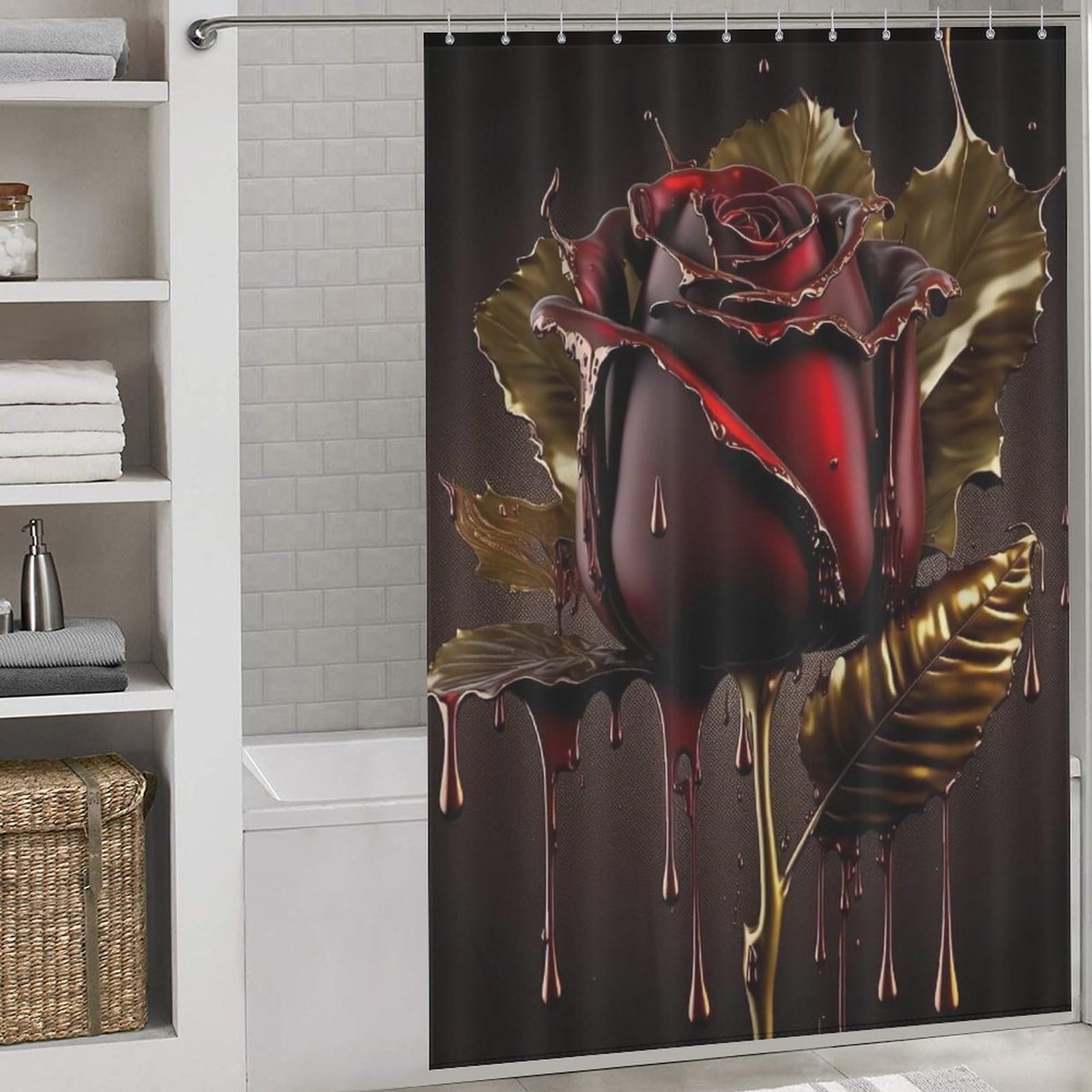 PAZZK Rose Shower Curtains, Shower Curtain with 12 Hooks, Waterproof, Quick-Drying, Washable, Shower Curtains for Wet Room, Bathroom 60x72Inch（152x183cm）