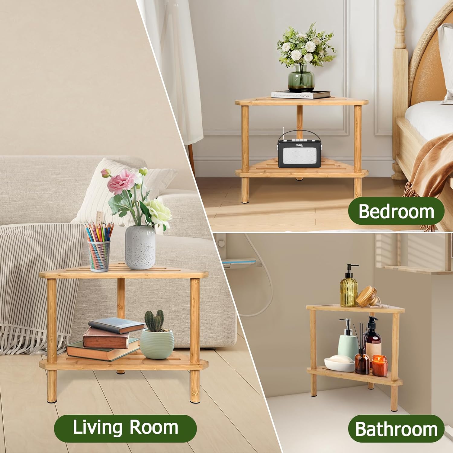 Yoshiky Shower Foot Rest 15in, Shower Stool for Shaving Legs, Waterproof Wood Corner Shower Stool with Storage Shelf for Inside Small Shower Spaces, Bamboo