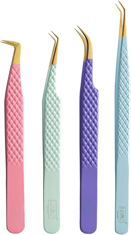 HADIZ Conjunto com 4 pinças para extensão de cílios em aço inoxidável japonês, pontas de fibra, cabo com padrão diamantado, Combination