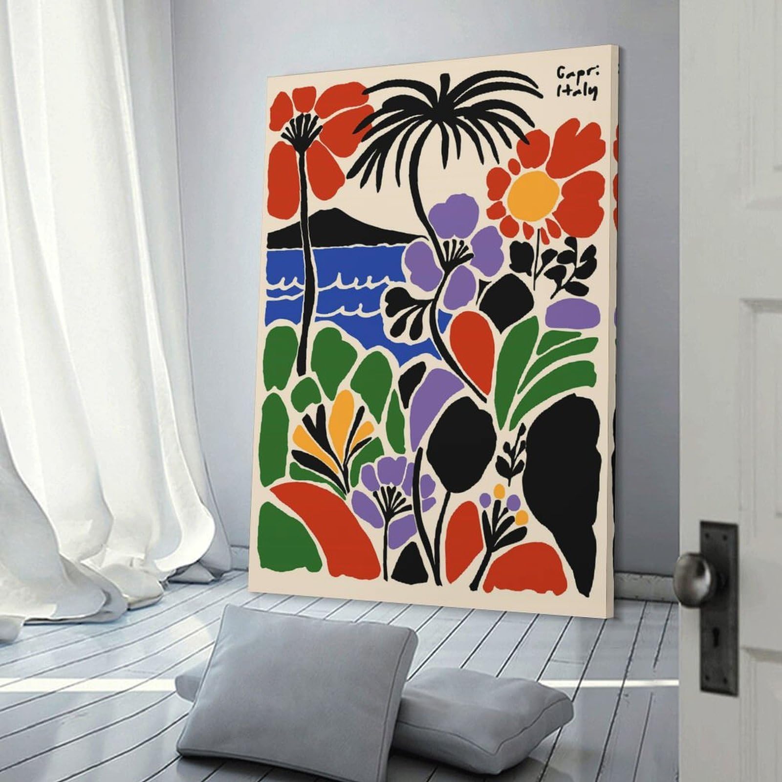 Junmoney Capri Italy Floral Landscape Art Hanging Wall Art, 16x24inch(40x60cm), for Gallery Wall Decor And Room Displays, Home Wall Art for Statement Displays