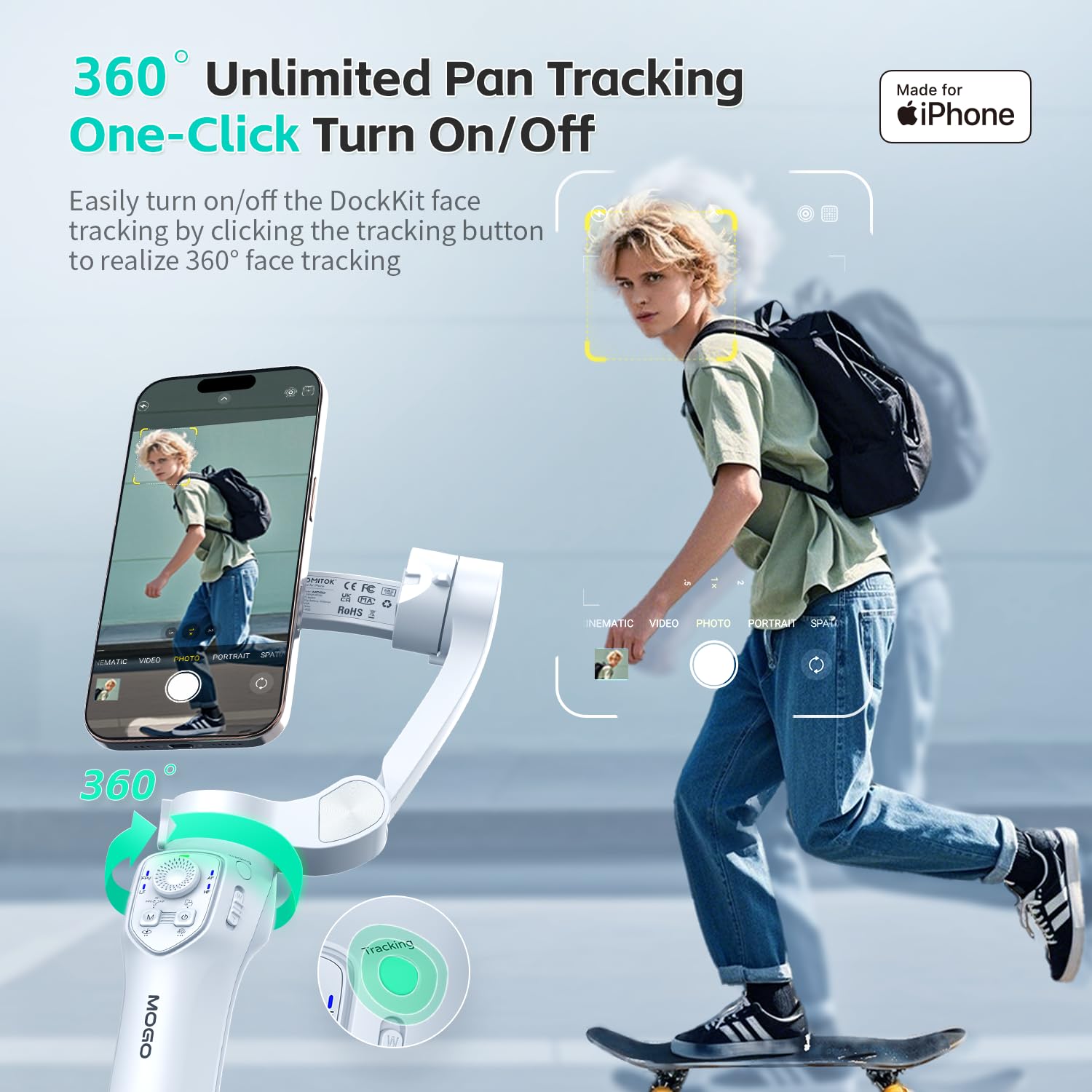 COMITOK MOGO - Estabilizador de cardán para iPhone, estabilizador de iPhone para control de grabación de video, cámara nativa por control remoto, inicio o parada de seguimiento y actualización OTA