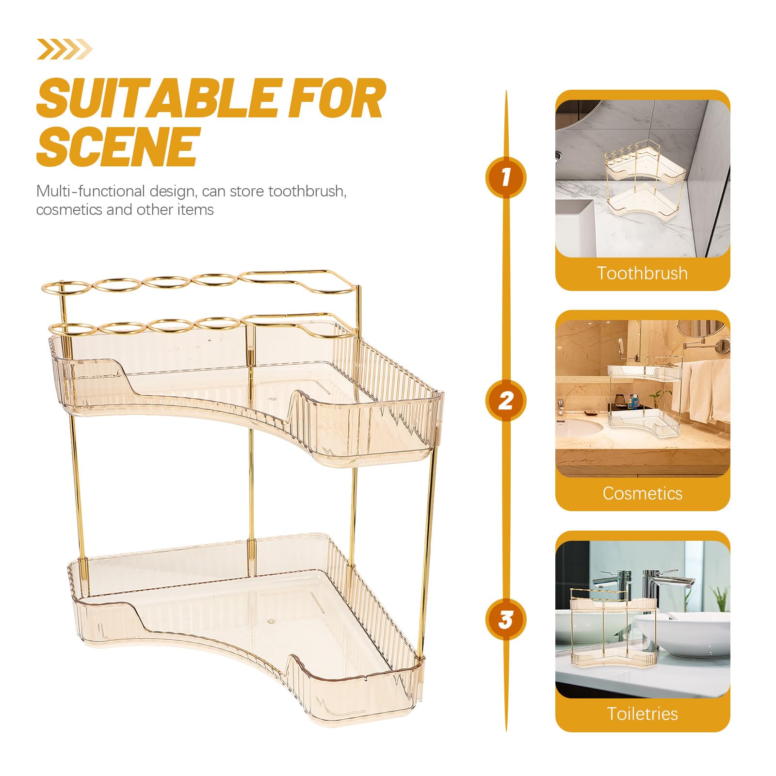 Organizer da Bagno Angolare in Metallo Oro a Doppio Livello, Struttura Semplice e Capacità di Carico Elevata, per Piano Lavabo la Conservazione Cosmetica
