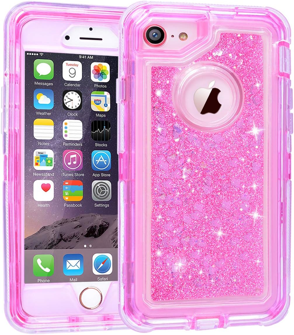 iPhone 8 Plus,7 Plus,6/6S Plus Universal Heavy Duty Protector Case,LLARIMIN Glitter 3D Bling Liquid Case for Girls,Luxury 3 in 1 Soft Core + Hard Frame Shockproof Case for iPhone 6/6s/7/8 Plus (Pink)