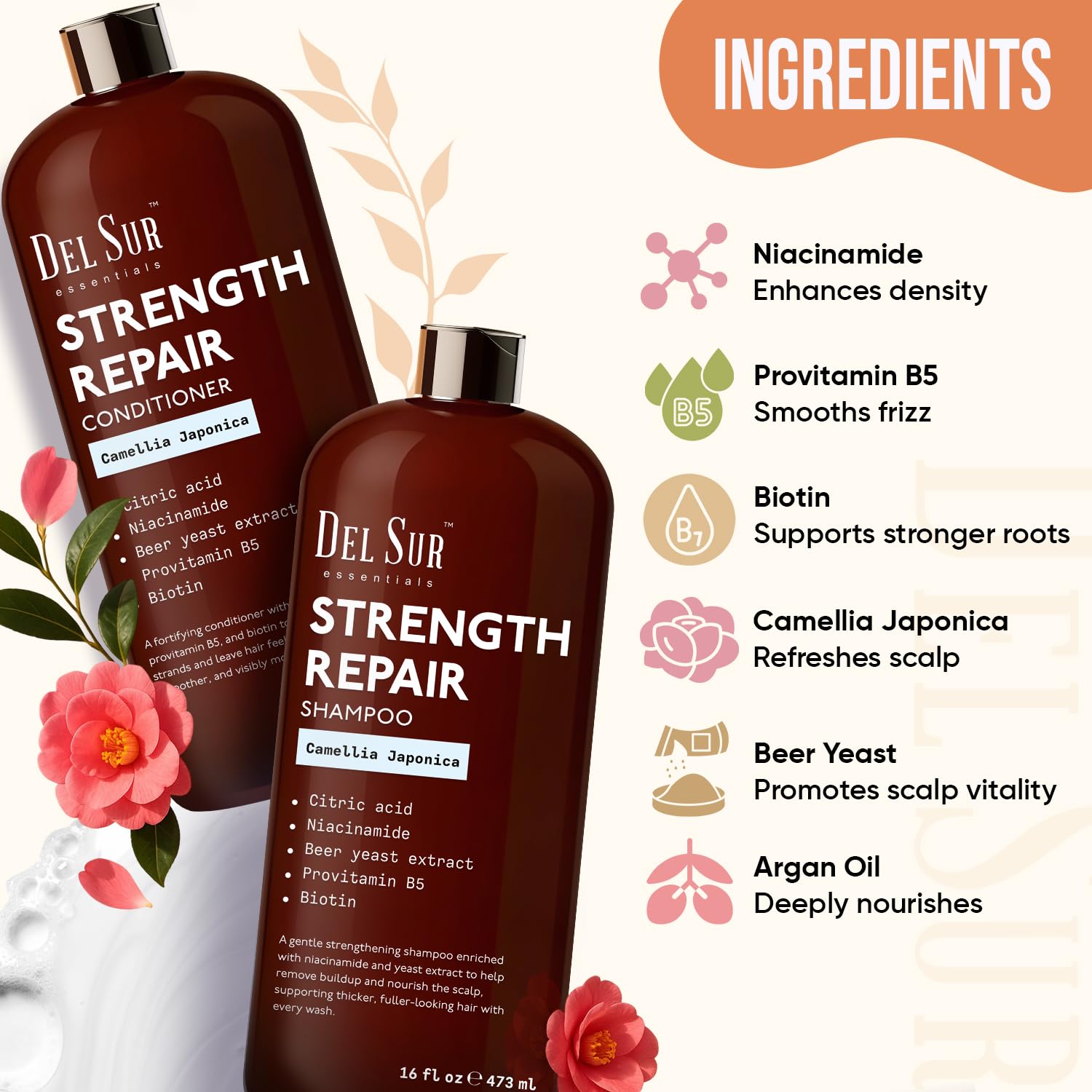 DEL SUR Hair Strengthening Shampoo and Conditioner Set | 16 fl oz Each | with Camellia Japonica, Niacinamide, Provitamin B5 & Biotin | Repair & Hydration for Dry, Weak Hair - Image 3