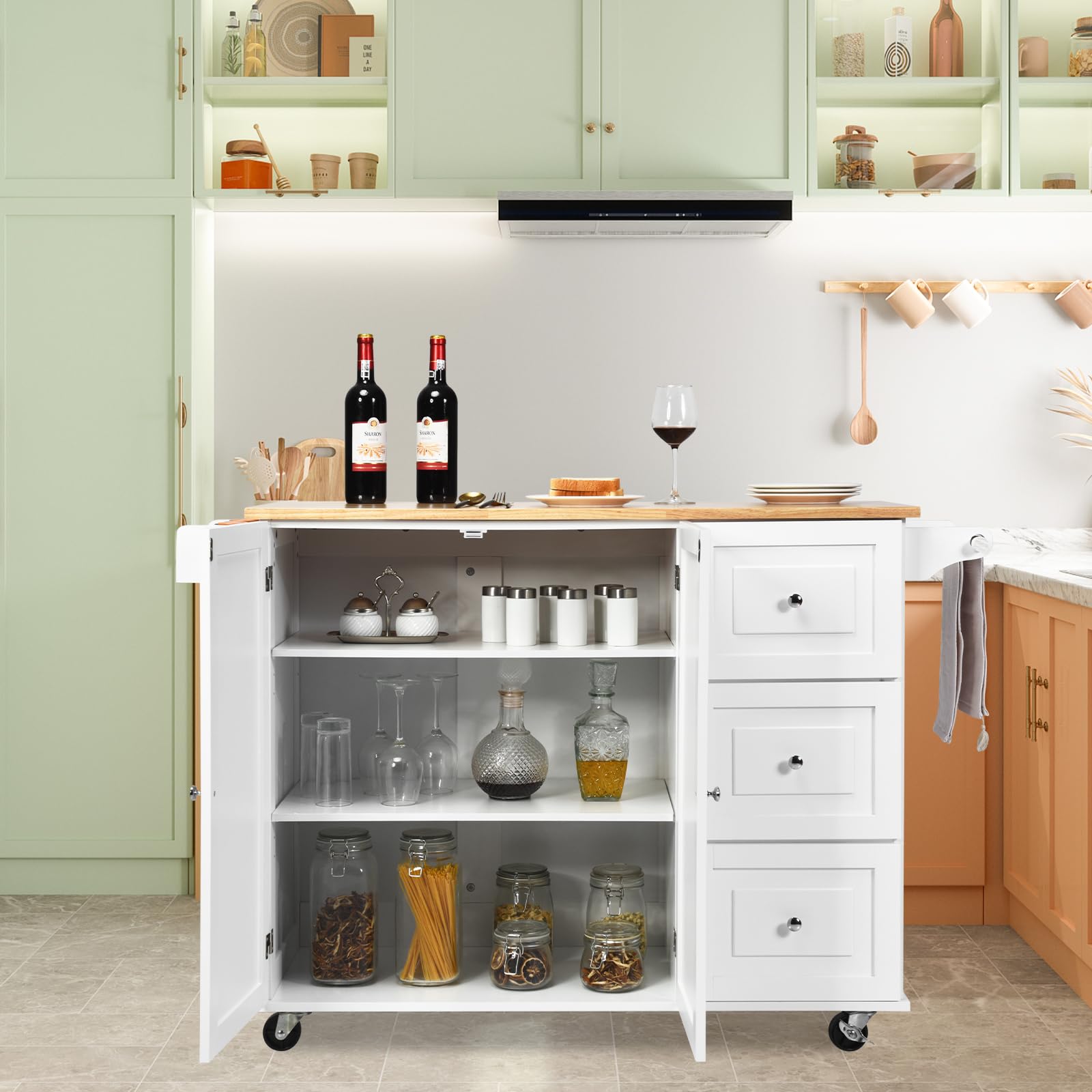 KOMFOTTEU Carrello da Cucina con Pannello Pieghevole Portato fino a 50 kg, Isola da Cucina 43x136x91cm, Carrello Portaoggetti in Legno con Ruote, Multifunzione e Grande, Nero (Bianco)