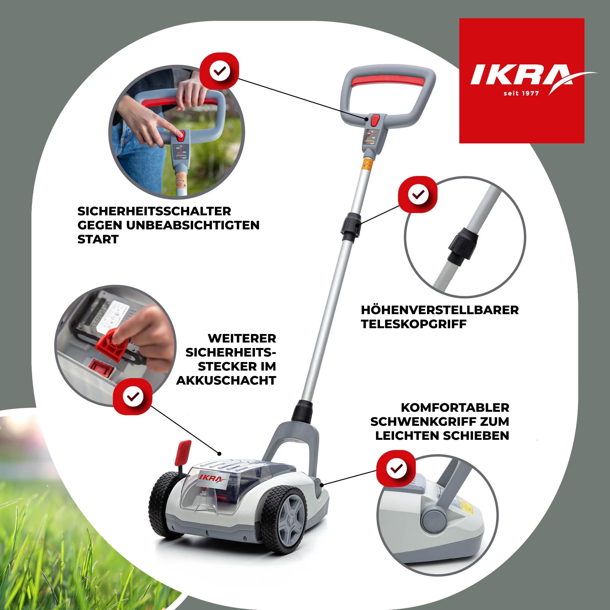 IKRA Akku Einhandmäher Rasenmäher ICHM 20, inkl. 20V Akku & Ladegerät | Mit Mulchfunktion, für kleine Rasenflächen bis 50m², Schnittbreite 21cm, Schnitthöhe 25-48mm, 20V-Akku-Familie von IKRA