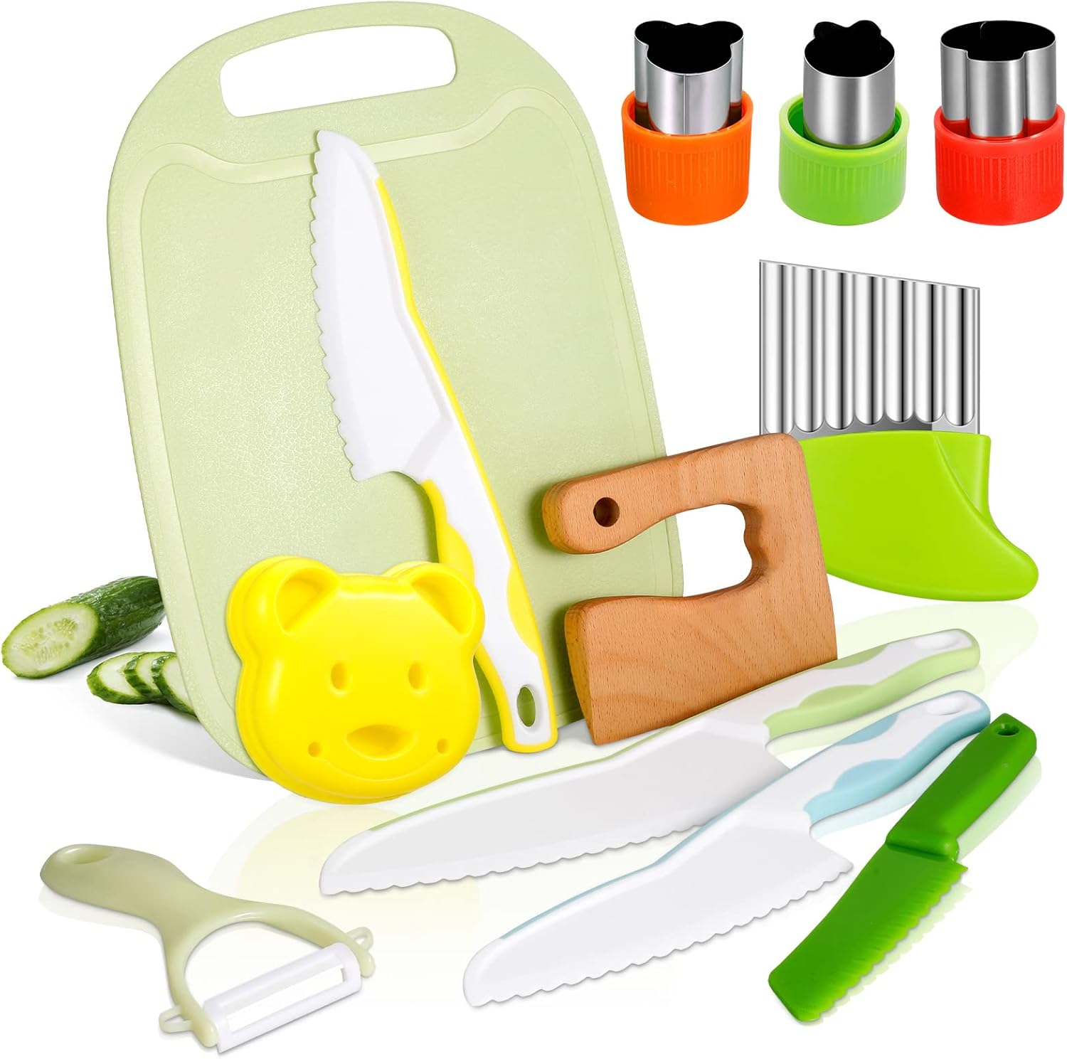 FRIUSATE Wooden Kids Kitchen Knife, 12 Pieces Toddler Safe Knives Set Include Wood Kids Safe