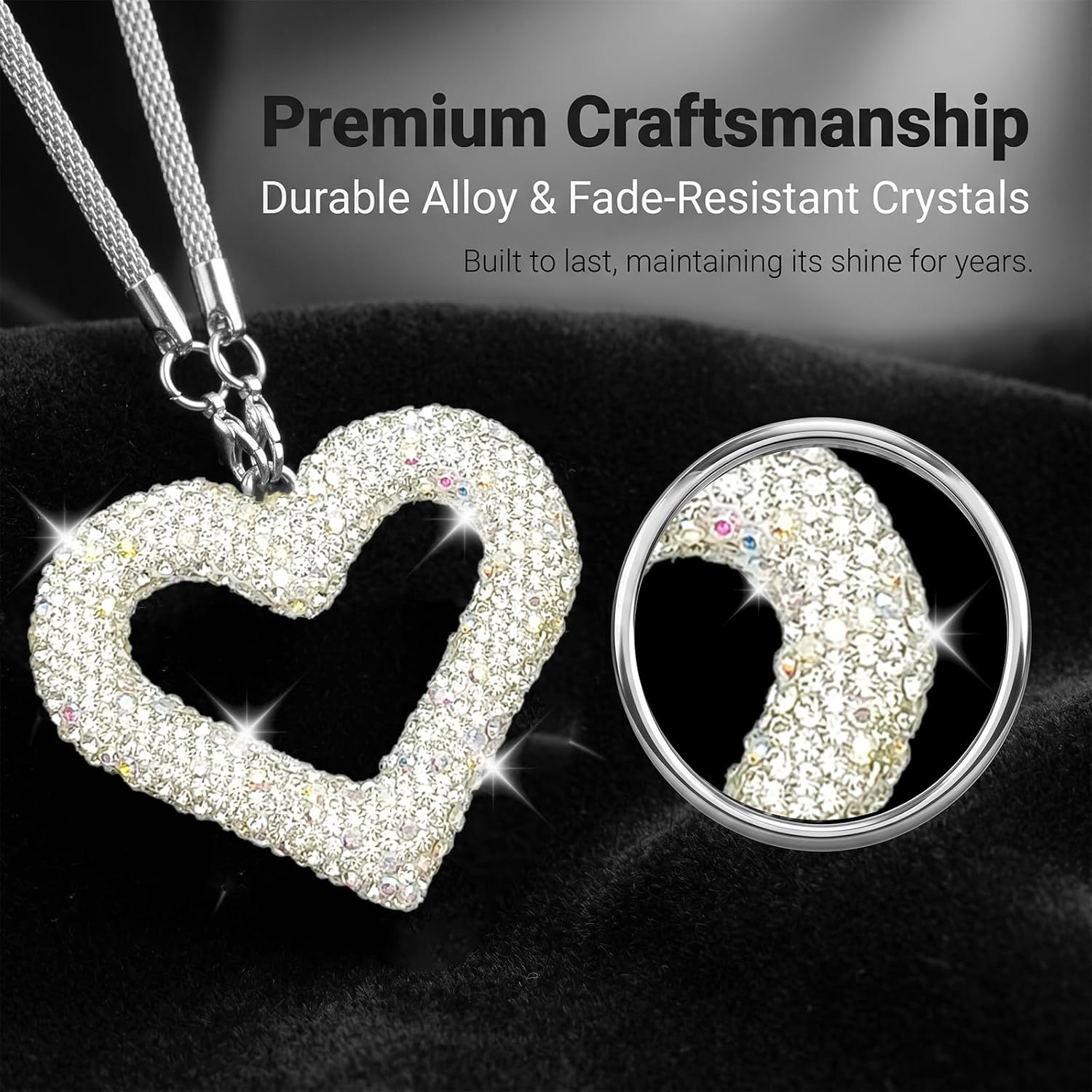 Bling Heart Car Hanging Accessories, Rear View Mirror Charm Pendant Ornament, Auto Interior Hanger Decoration, for Women Girls, Universal for Cars Trucks SUVs (Silver) image 3