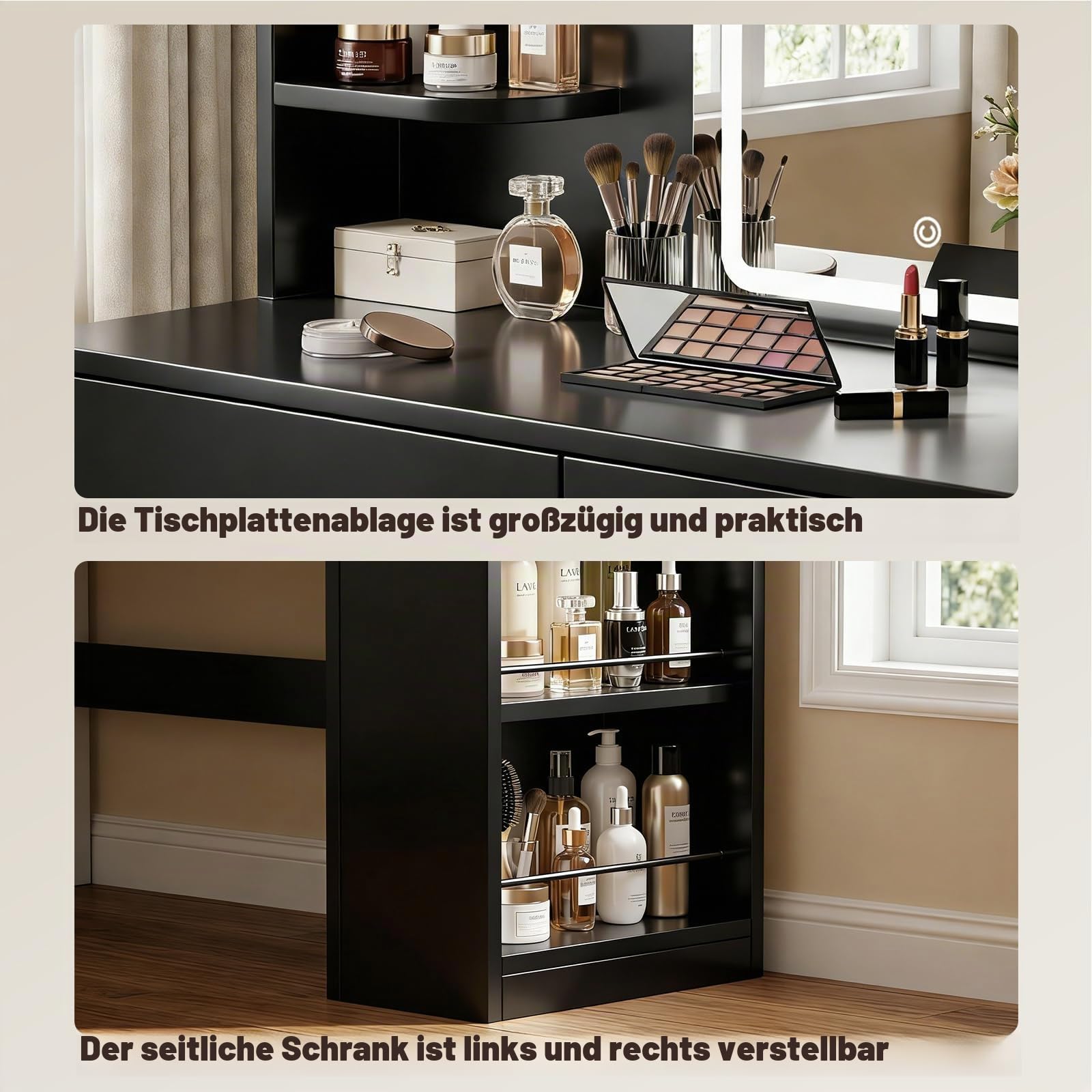 JUMMICO Schminktisch mit Spiegel und Beleuchtung, 3-farbige LED-Beleuchtung, 2 Schubladen, seitlicher Aufbewahrungsschrank, Schwarz, 135x108x40 cm