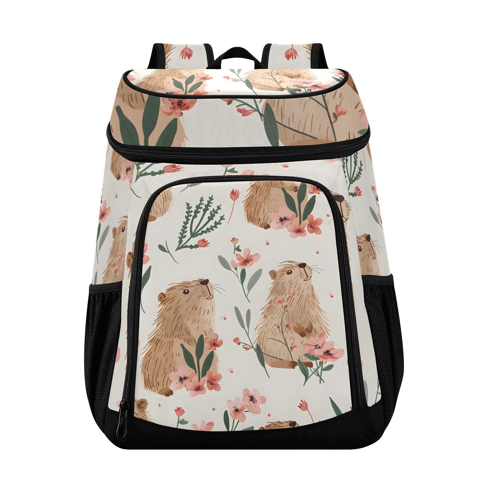 Capybara Flower Beige Cooler Backpack Cooler Insulated Leak Proof Lunch Backpack 36 Cans Waterproof Soft for Men Women Picnic Hiking Camping Beach