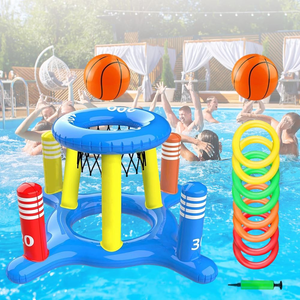 Canestro gonfiabile per piscina con gioco di lancio ad anelli, set galleggiante gonfiabile, giocattolo acquatico, cestino da basket galleggiante con 2 palline e 8 anelli di lancio, gioco in