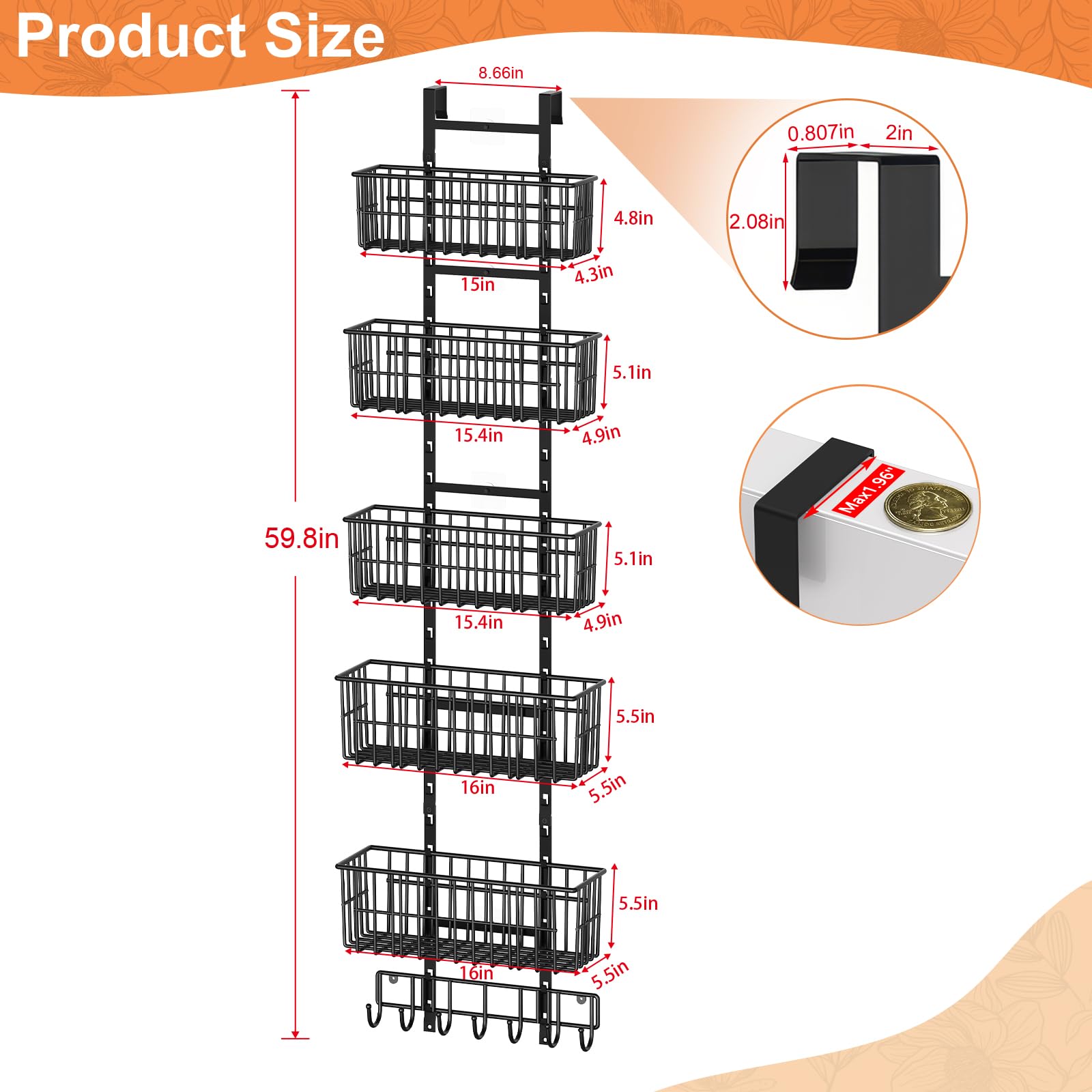 Hongtamoya Organizer regolabile sopra la porta, organizer da appendere in metallo con 5 cesti metallici e 7 ganci, mensola da parete per dispensa e lavanderia, nero