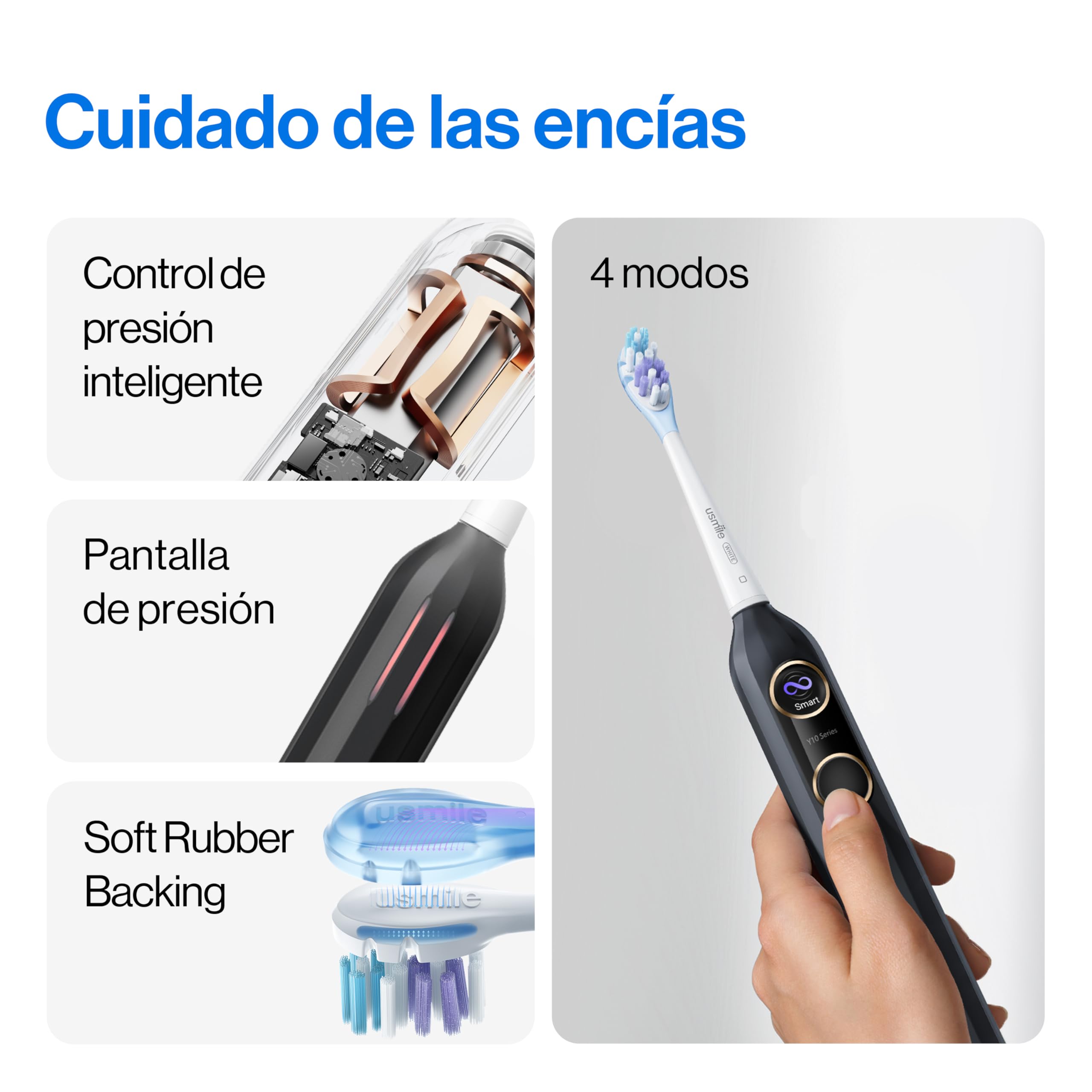 usmile Y10 Cepillo de dientes eléctrico con pantalla inteligente, 4 modos de limpieza, cepillo de dientes sónico inteligente con temporizador y control de presión, una carga dura 180 días