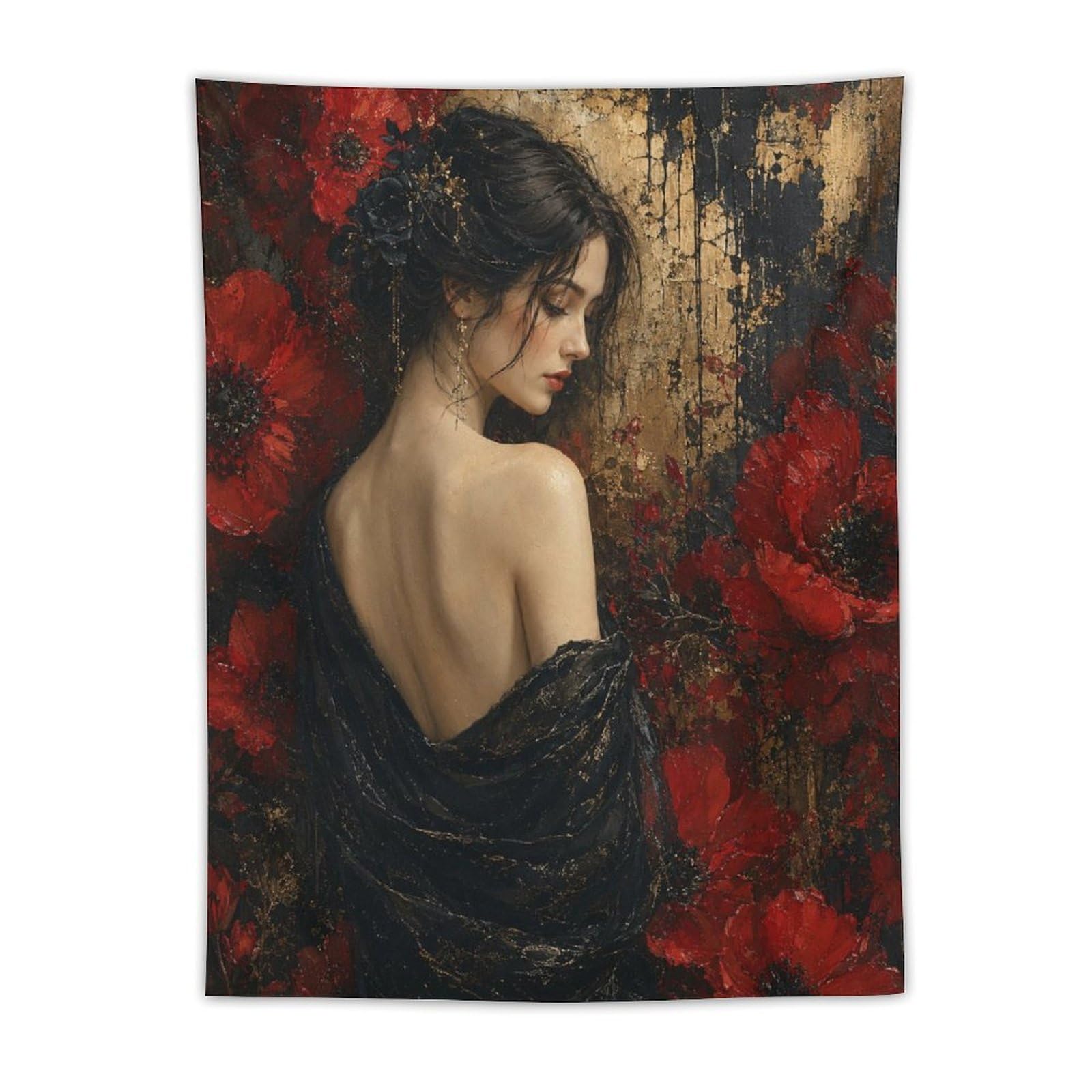 H3B8U2Y5 Red Poppy Woman Portrait Wall Tapestry, Impressionist, Bedroom
