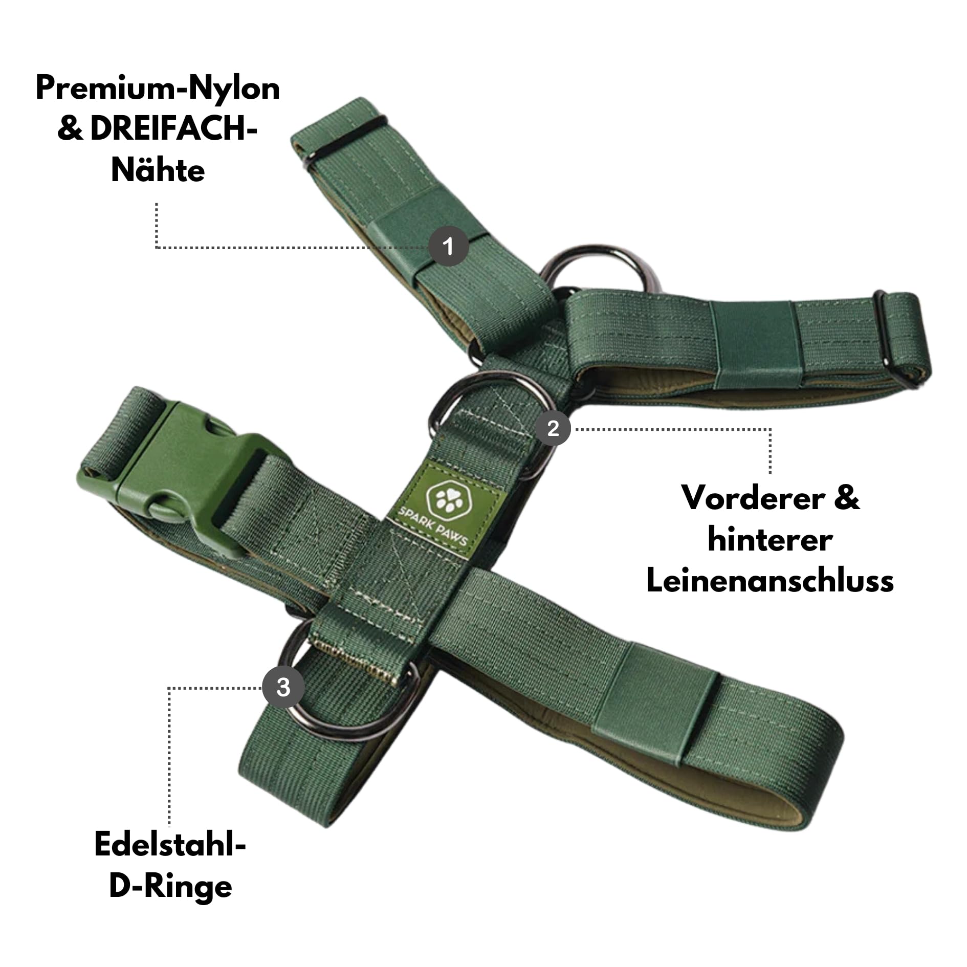 Spark Paws No Pull Hundegeschirr Grosse Hunde, Halterdesign mit Frontclip, Y Geschirr Hund, Robust und Strapazierfähig Harness für Große und Starke Rassen - Green, S