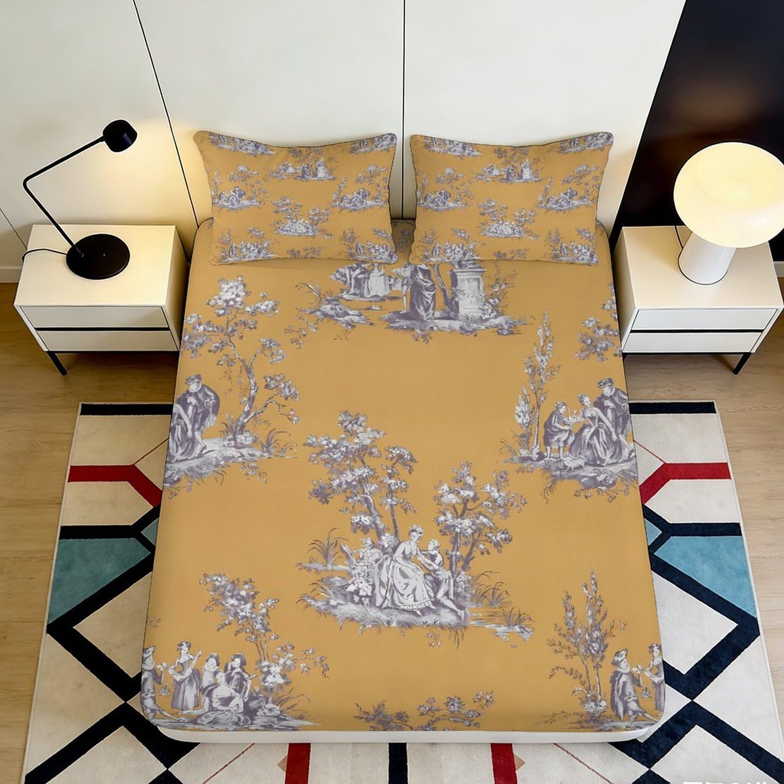 3D Printed Vintage Landscape Fitted Sheet Microfiber Mustard Yellow Pastoral Mattress Cover for Bedroom Dorm Decor 90x200x25cm