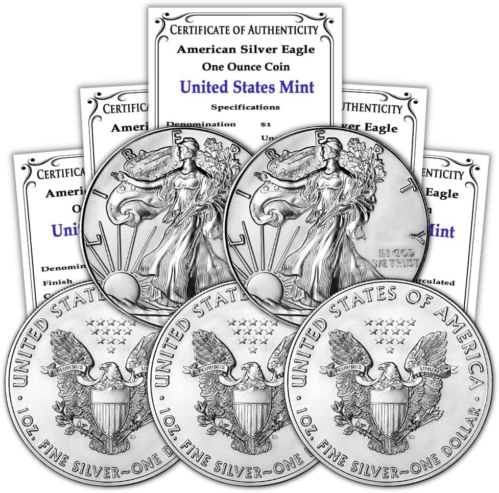 1986-2021 (Random Year) Lot of (5) 1 oz American Silver Eagle Coins Brilliant Uncirculated (Type 1) with Certificates of Authenticity $1 Seller BU