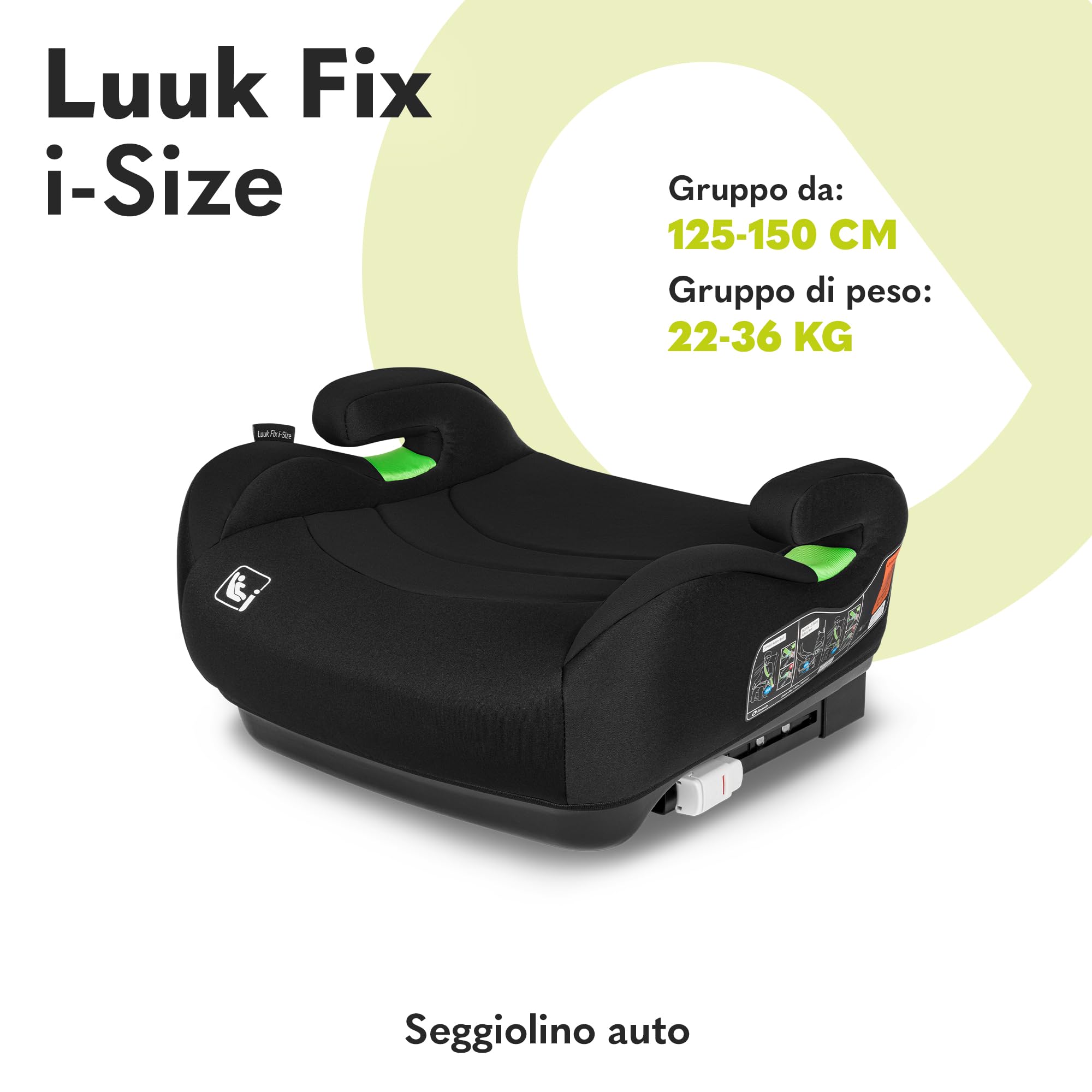 Lionelo LUUK FIX Seggiolino rialzo auto per bambini 22-36kg 125-150cm con ISOFIX e l'ultimissimo i-Size Standard R129, Rivestimento traspirante e lavabile, Schiuma adattiva, Car Booster con Braccioli