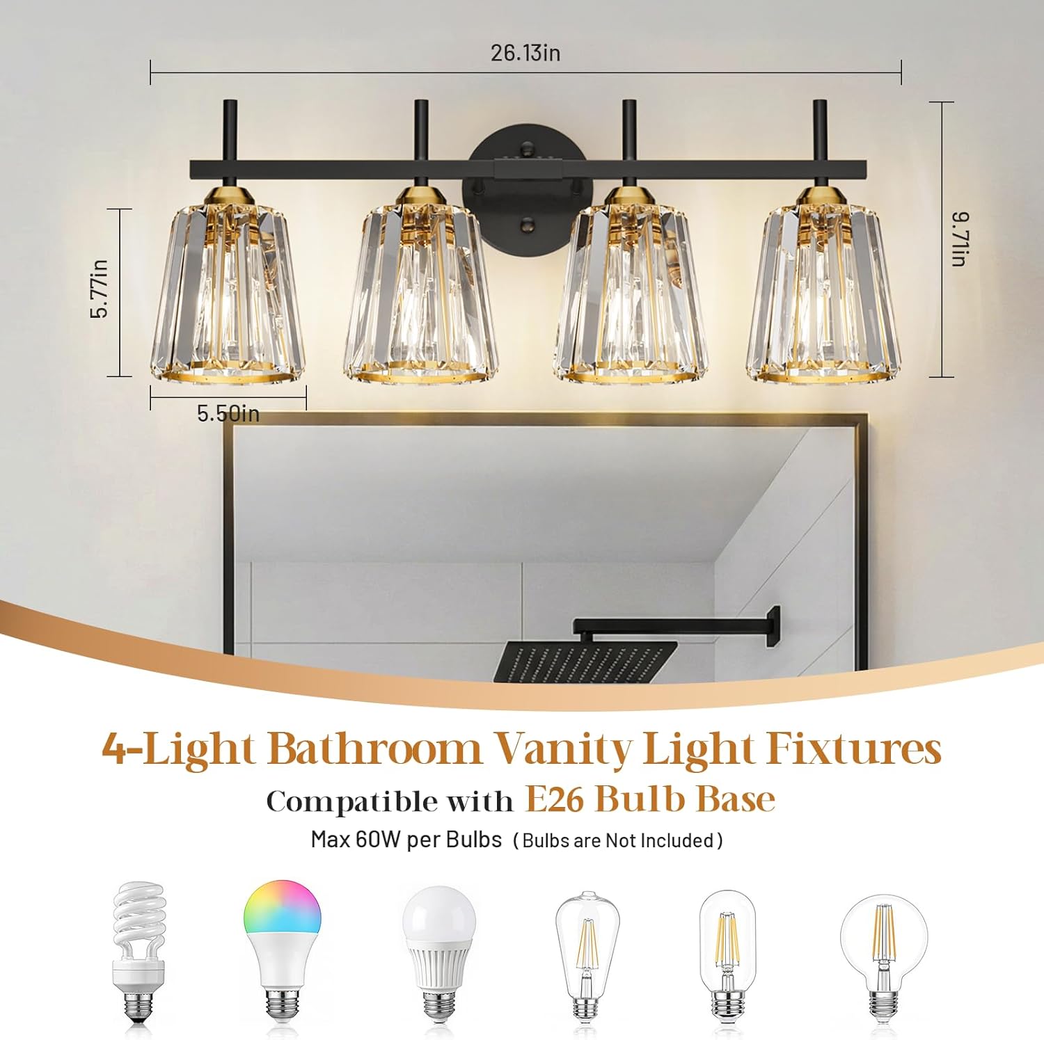 Crystal Bathroom Light Fixtures Over Mirror, Black Gold 4-Light Bathroom Vanity Lights Over Mirror Modern Wall Lighting Sconces with Ceramic E26 Base (Bulbs Not Include)