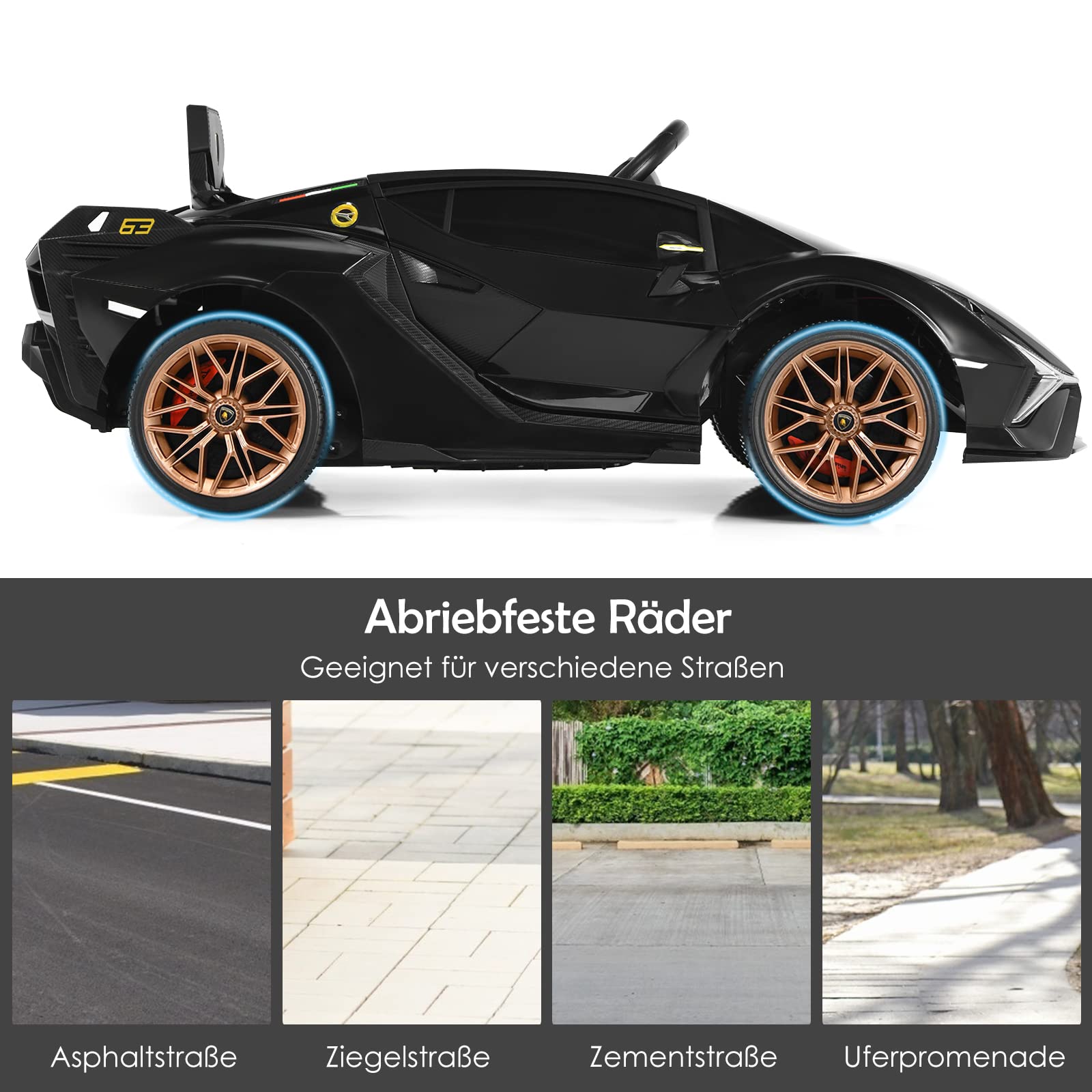 COSTWAY 12 V Lamborghini dziecięcy samochód elektryczny z pilotem zdalnego sterowania 2,4 G, samochód dziecięcy 3-5 km/h z MP3, radiem, muzyką i reflektorem LED, dla dzieci w wieku 3-6 lat (czarny)
