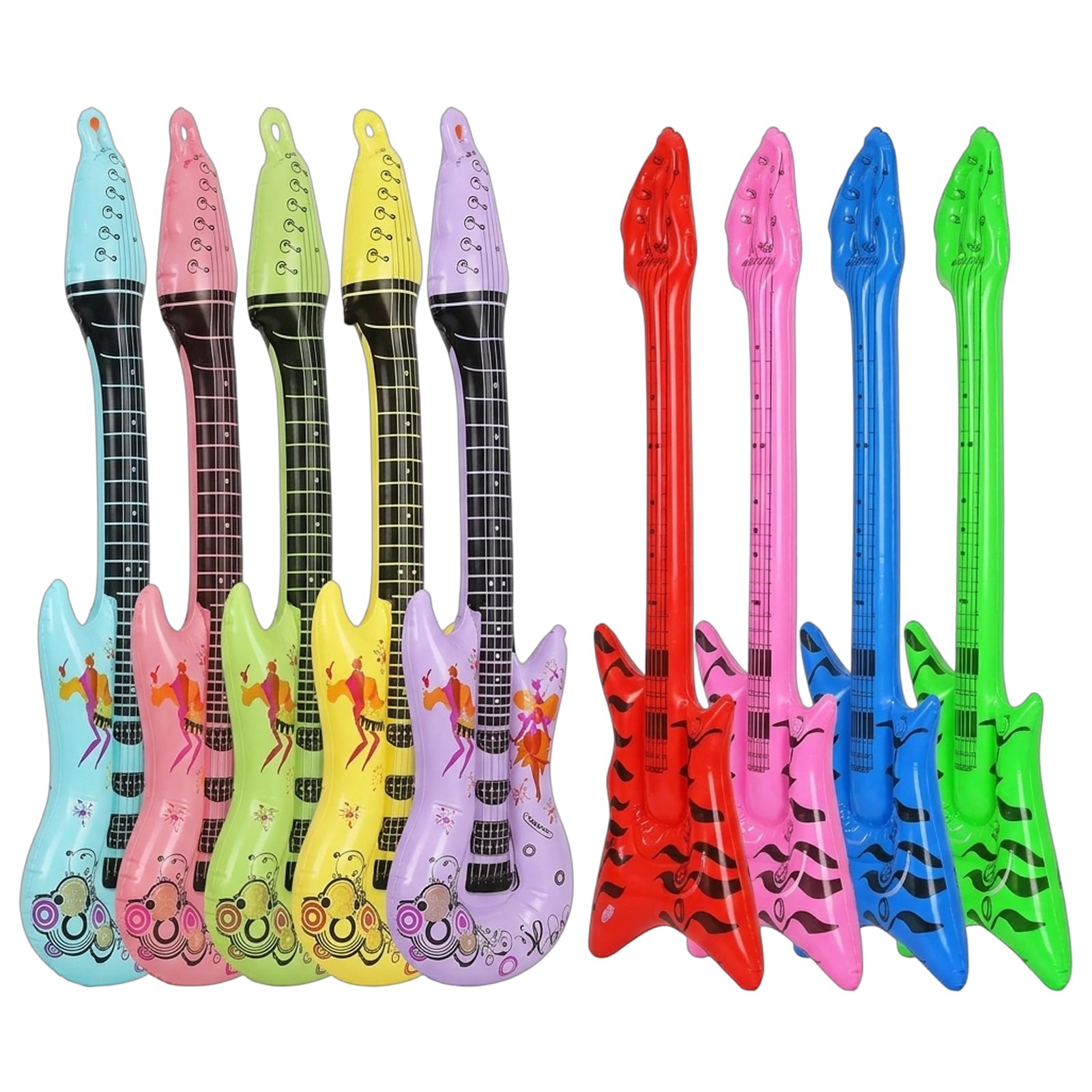9 PCS Blow Up Guitar Set, 5 Colourful 89cm Inflatable Guitars and 4 Colourful 60cm Inflatable Bass Guitars, Musical Party Accessories for Events and Gatherings