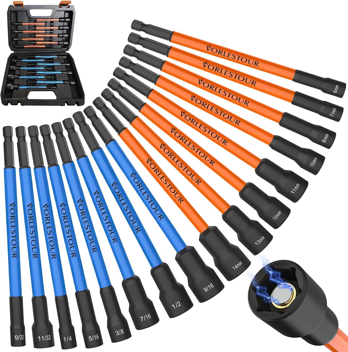 16PCS Magnetic Nut Driver Set for Impact Drill, 6 Inch Extra Long Nut Drivers with Sturdy Tool Box, SAE/Metric 1/4" Hex Shank Socket Set for Drill, Tool Sets for Men/Women to DIY and Repair Car