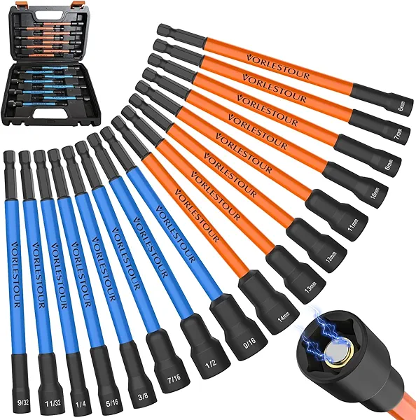 16PCS Magnetic Nut Driver Set for Impact Drill, 6 Inch Extra Long Nut Drivers with Sturdy Tool Box, SAE/Metric 1/4" Hex Shank Socket Set for Drill, Tool Sets for Men/Women to DIY and Repair Car