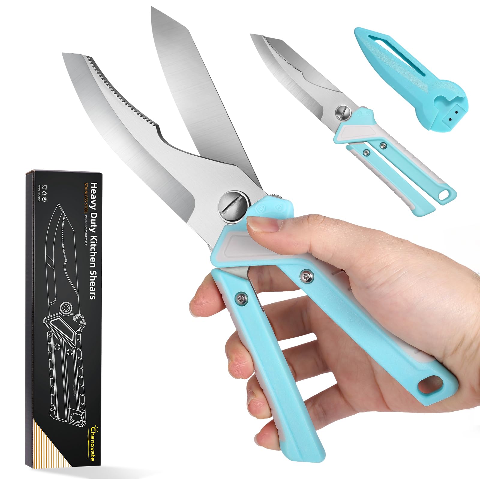 Chenovate® Heavy Duty Kitchen Scissors,Kitchen Shears with Knife &amp; Scissor Switch Lock,Food Scissors Fit for Poultry Bones,Turkey,Meat Cutting,Veggies,Fish,Pizza(blue)