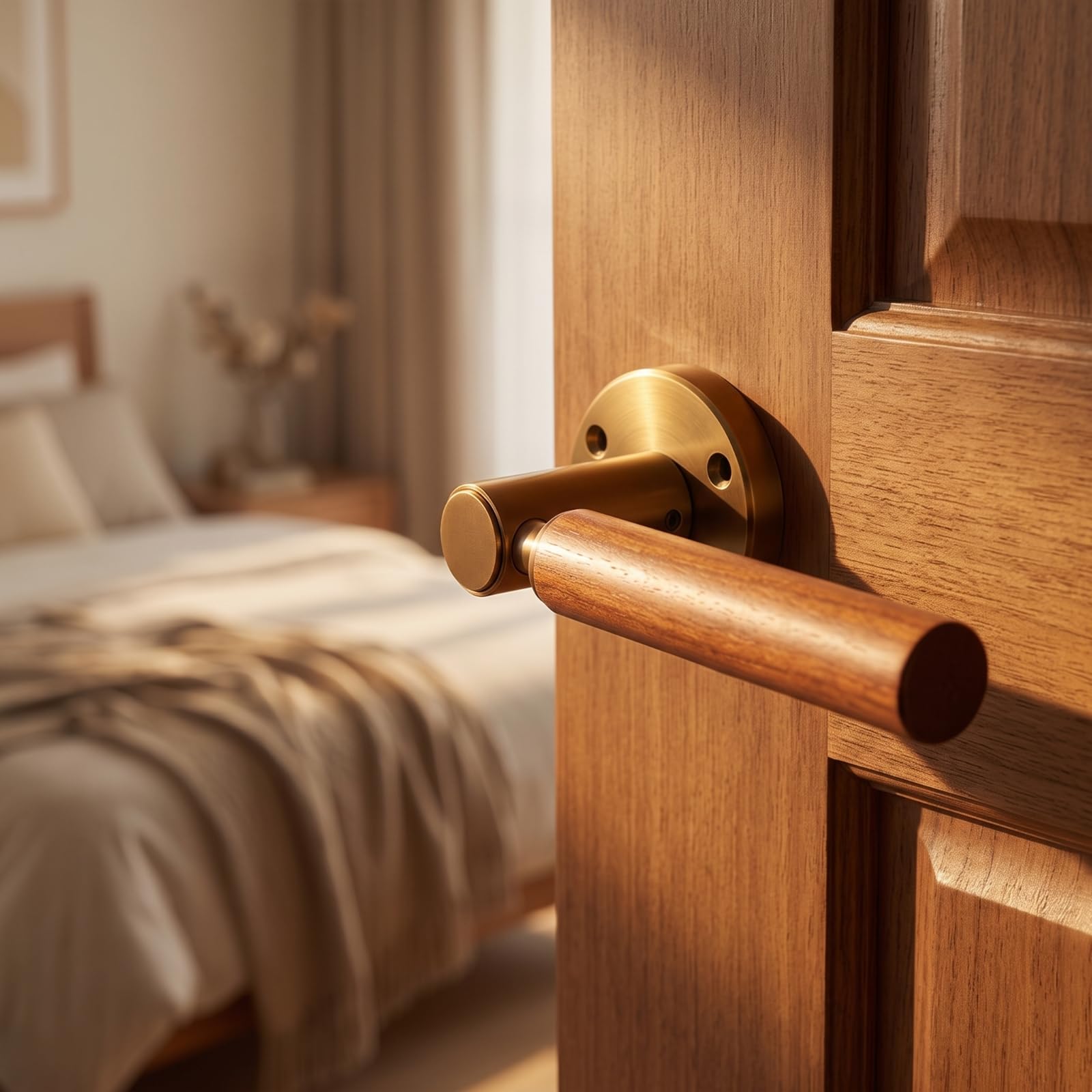 F Fityle Pestillo de Puerta Interior Manija Palanca Roseta Madera y Metal Estilo Moderno Tacto Suave Apertura y Cierre Montaje Sencillo Adecuado para, Array, Cobre Cepillado