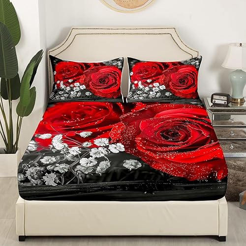 Miniatura 4 de Juego de sábanas con estampado de rosas rojas, tamaño King, ropa de cama con estampado 3D, sábanas botánicas para el día de San Valentín, juego de