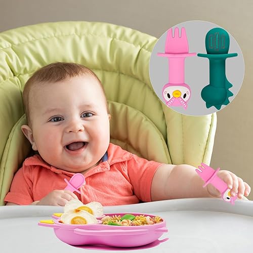 Vista 38 de Juego de alimentación de silicona, suministros de destete LED para bebés, juego de platos y tazones de succión para niños pequeños con cucharas