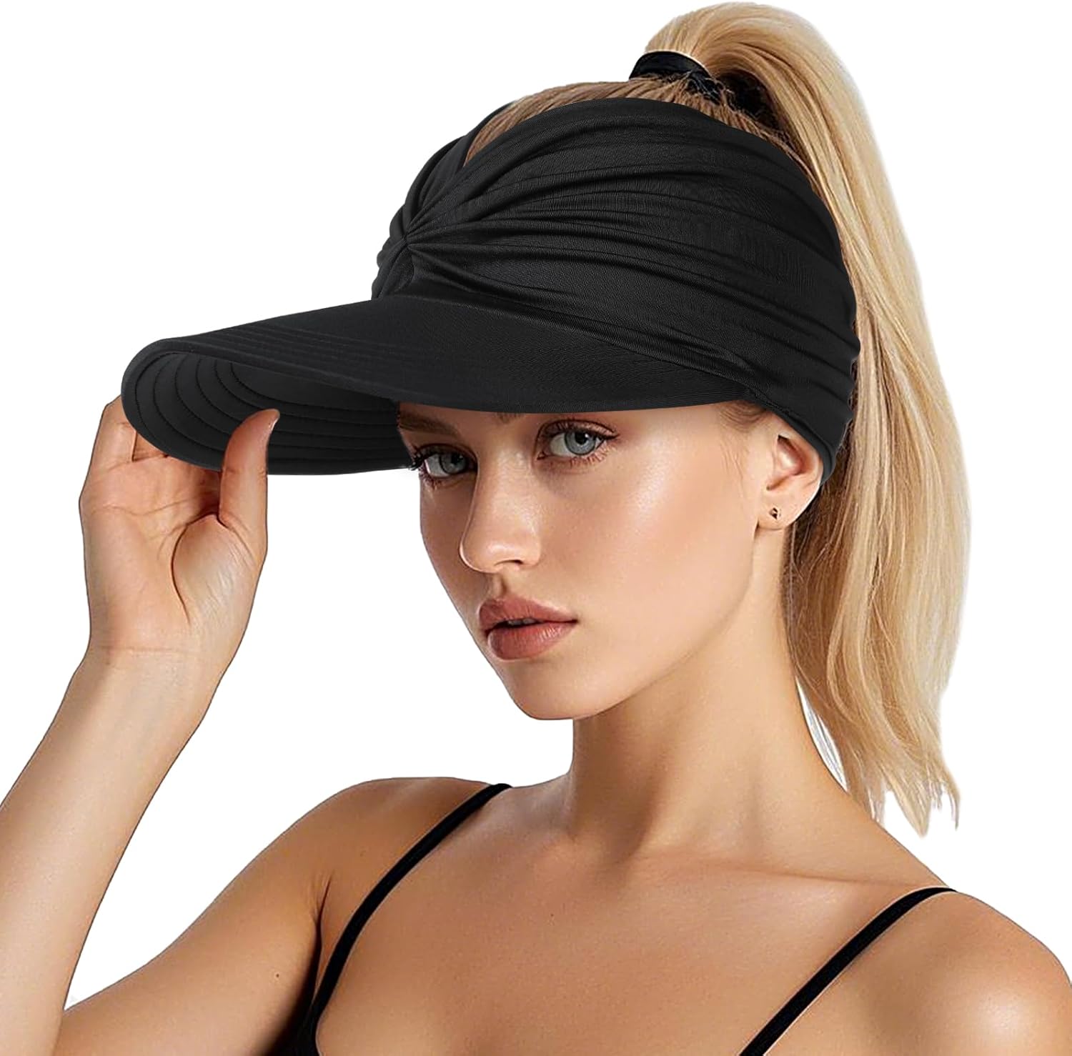 Sun Visor Hats, Wide Brim Sun Hats for Women, UPF 50+ UV Protection Visors for Women, Foldable Packable Ponytail Beach Summer Visor Hat for Sports, Tennis, Golf, Running, Black