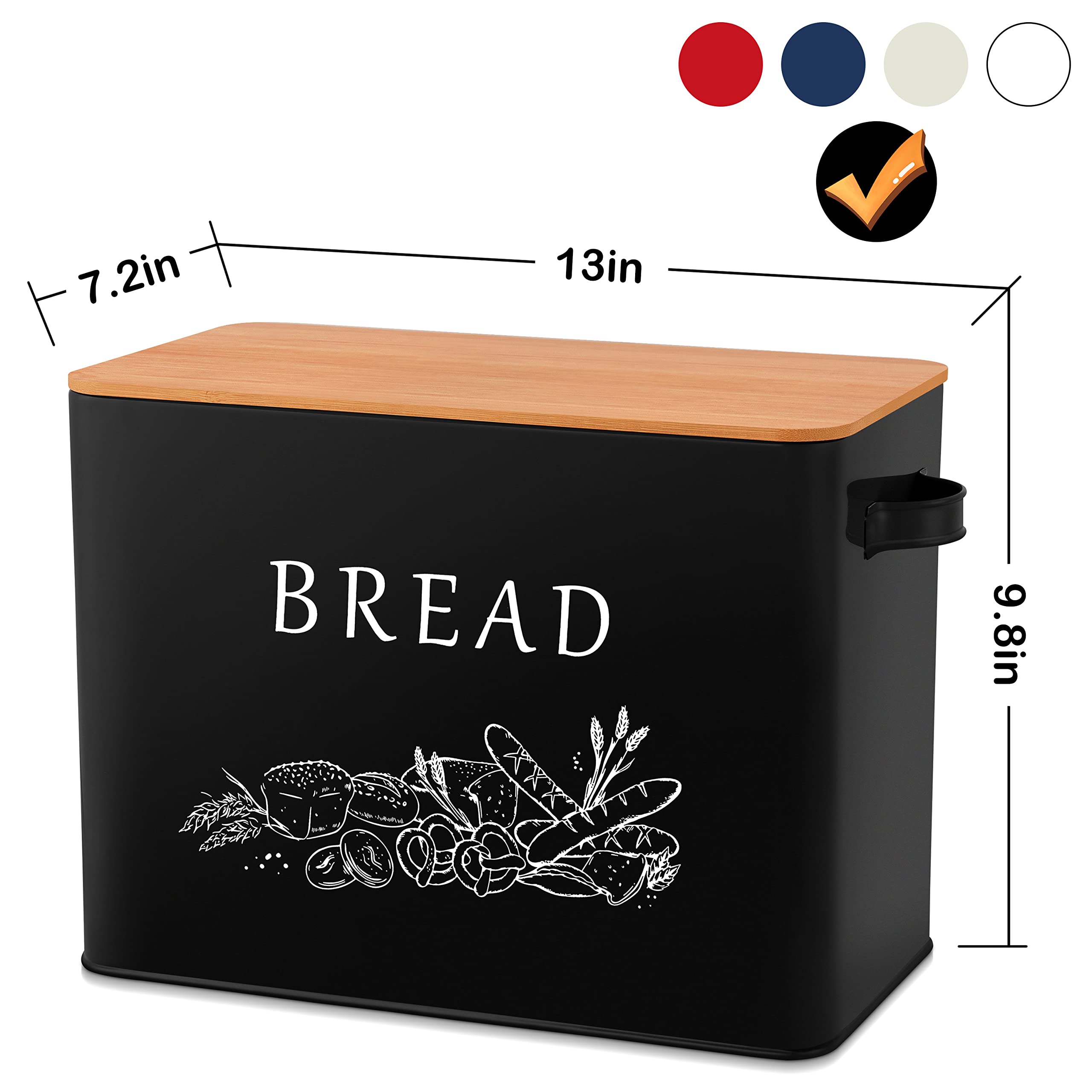 E-far Panera para encimera de cocina, contenedor de almacenamiento de pan de metal con tapa de bambú para cortar pan, extragrande y estilo granja, 13 x 7.2 x 9.8 pulgadas, negro