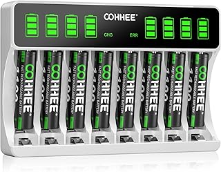 OOHHEE Battery Charger with 8 x AAA Batteries, Intelligent LCD Screen Battery Charger, for NI-MH/NI-CD Batteries, 8 Bays Individually Charger for AA AAA Rechargeable Batteries