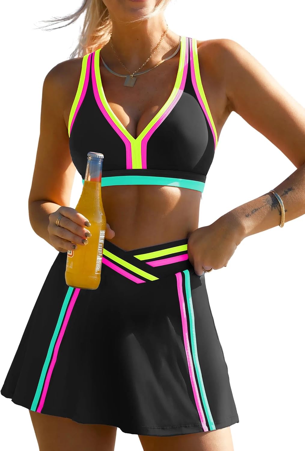 popvil Women 3 Piece Swimsuits 2026 High Waisted Bikini Sets with Skirt Neon Sporty Tummy Control Bathing Suits