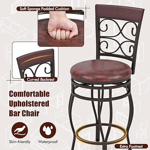 Miniatura 6 de COSTWAY Juego de 4 taburetes de bar giratorios de 25.5 pulgadas de altura de mostrador, con respaldo y reposapiés, silla de desayuno giratoria de