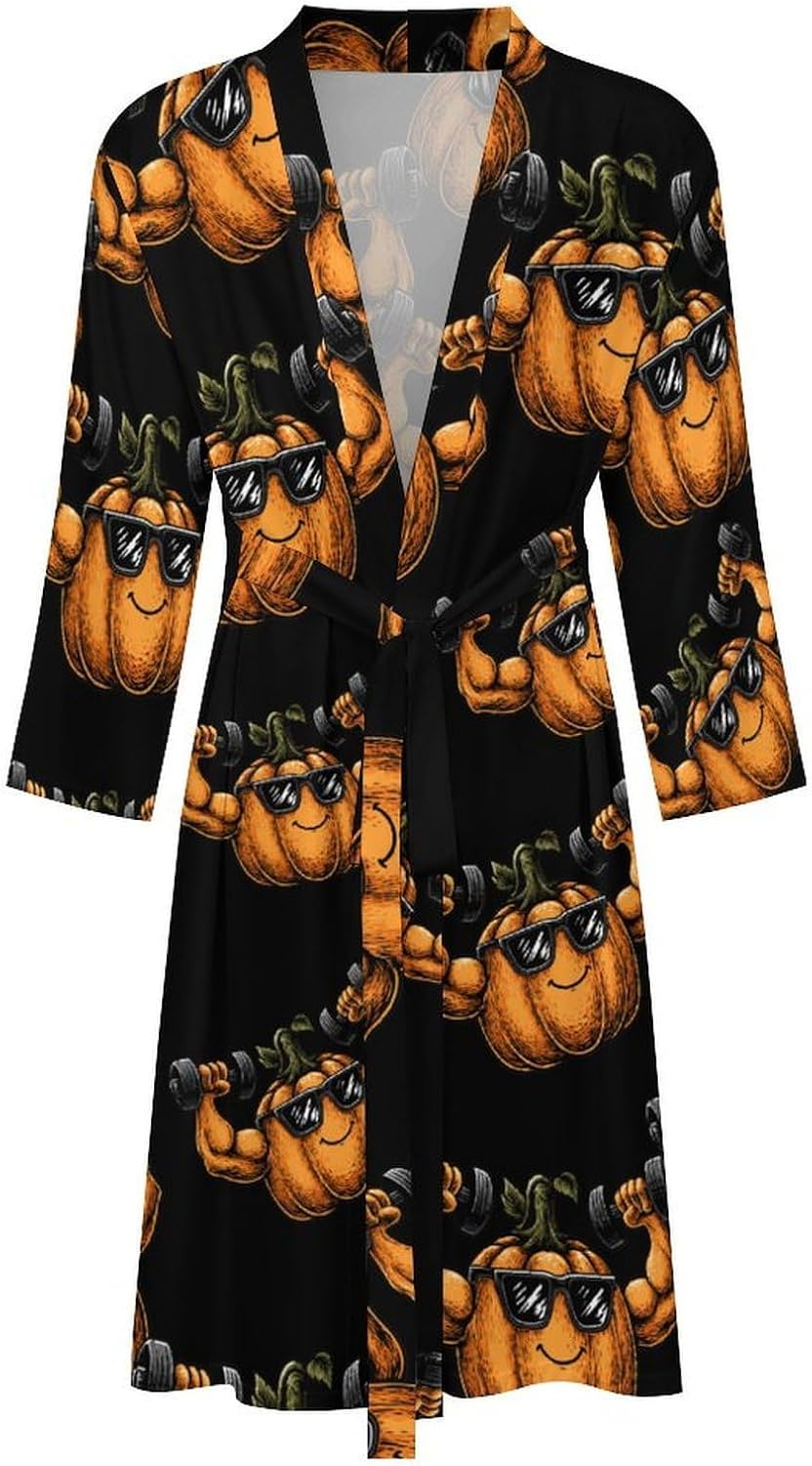 Power Pumpkin Weightlifting Men's Bathrobes Long Sleeve Spa Towel Bath Robe with Belt