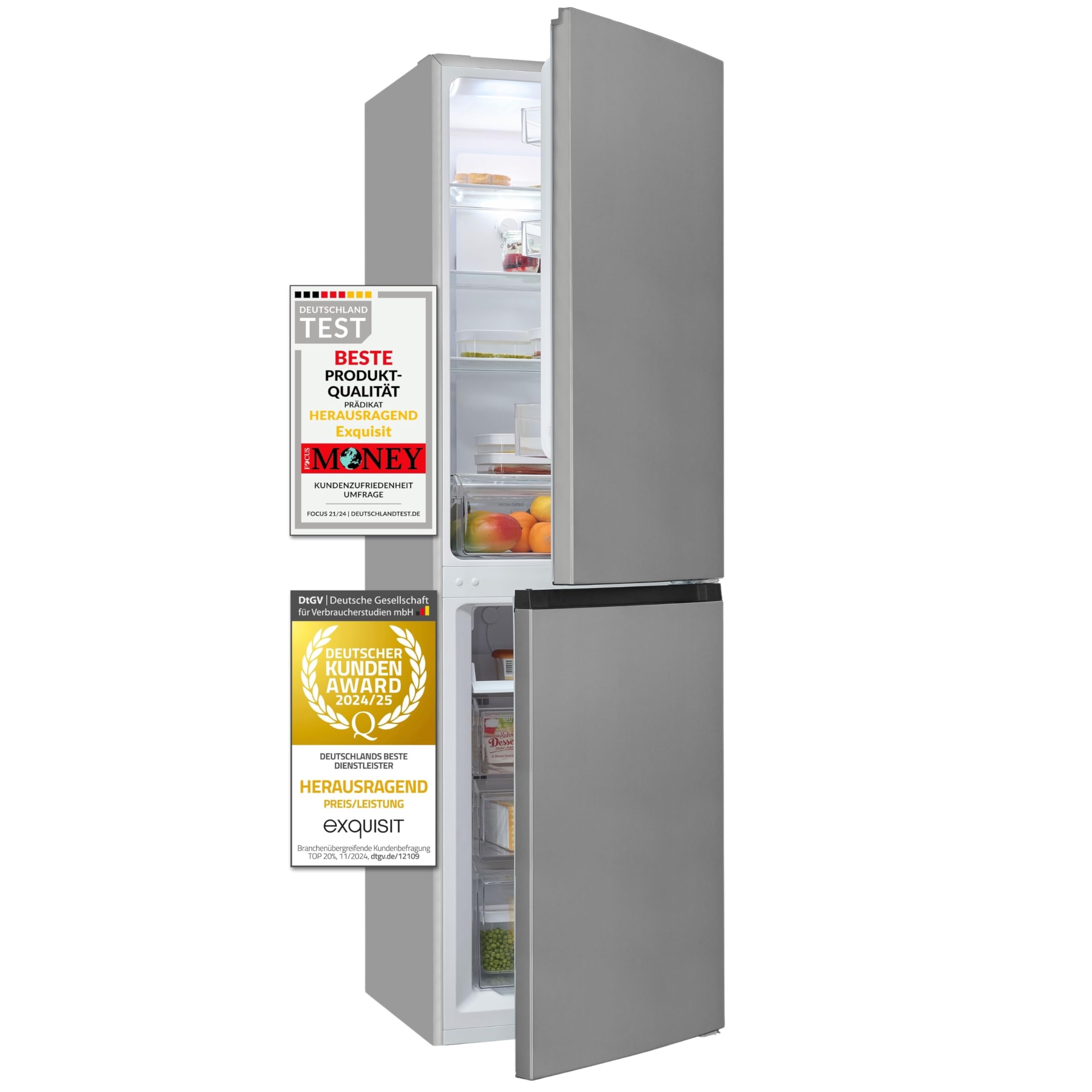 Exquisit No-Frost Kühl-Gefrierkombination - 247 L Kühlschrank Edelstahl | Leises 180 cm Standgerät mit 39 dB, 4-Sterne-Gefrierfach und No-Frost Technologie gegen Frostbildung im Gefrierbereich