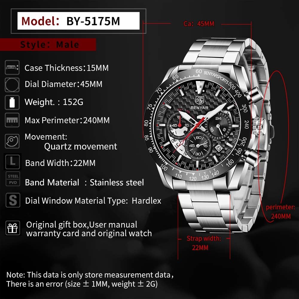 BY BENYAR Mens Watches Sports Stylish Analog Quartz Chronograph Watch Date Waterproof 3ATM Business Leather Strap Wrist Watches for Men