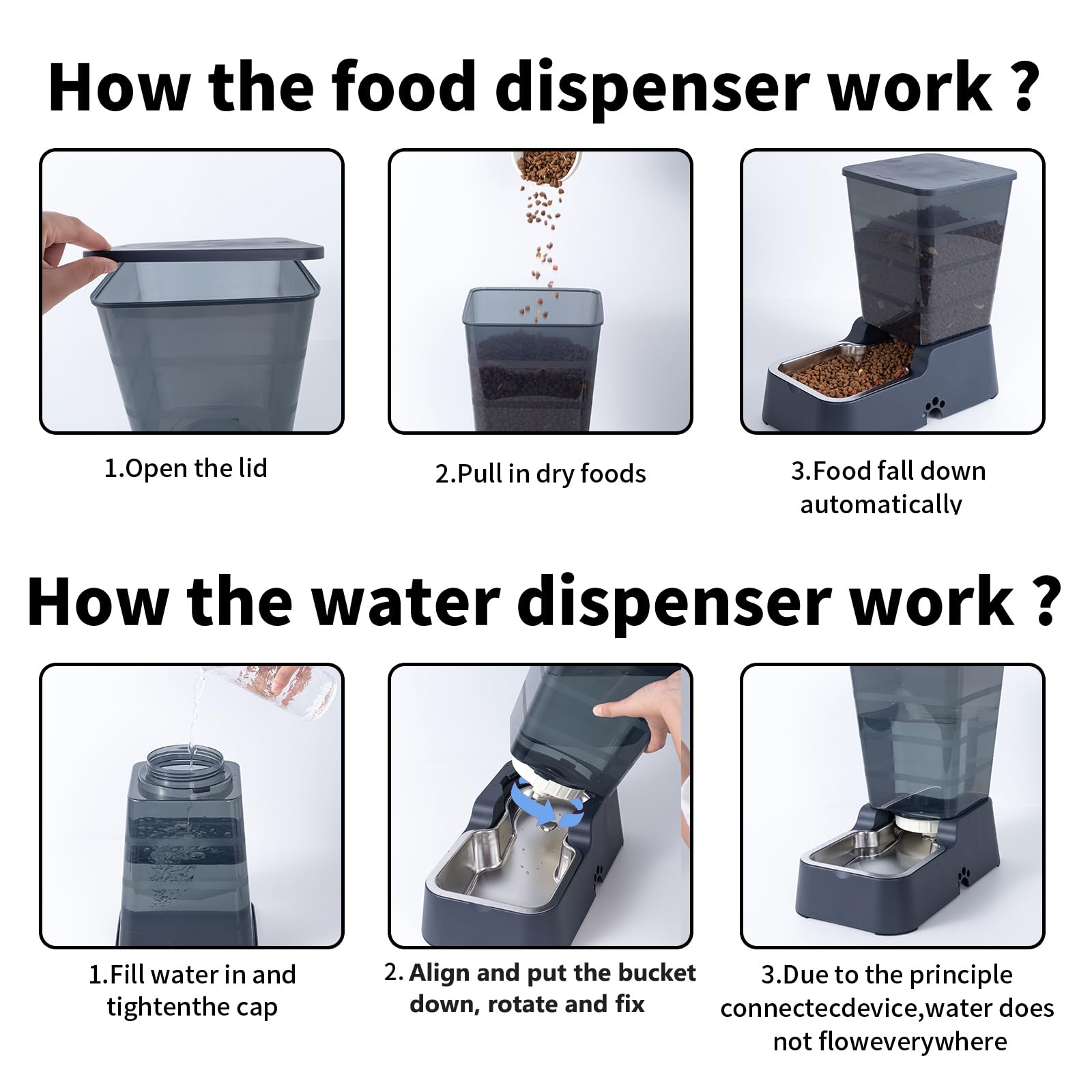 Distributore automatico di cibo per cani e cani da 5 l, distributore di acqua per gatti e gatti di taglia media e grande, gatti e altri animali domestici (set da 5 l, grigio scuro)