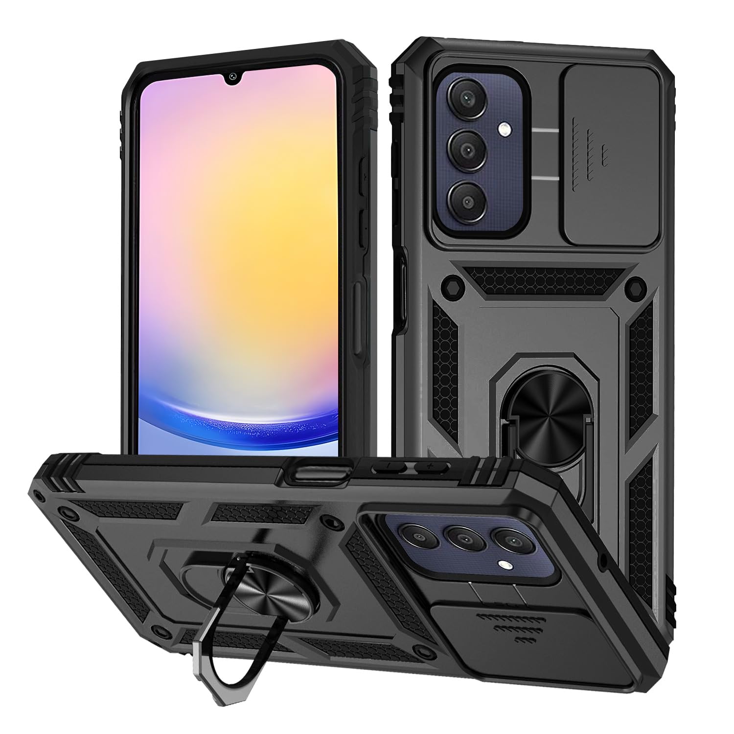 T Tersely for Samsung Galaxy A25 5G Case with Camera Cover and Stand Kickstand Ring Military Grade Shockproof Protective Cover Back Wtih Car Magnetic Mount (Black)