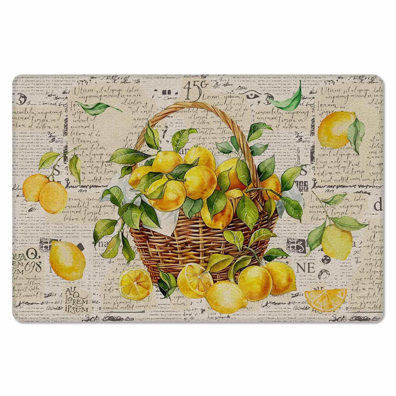 Rustic Lemon Antifatigue Kitchen Bath Door Mat Cushioned Runner Rug,Washable Welcome Floor Sink Mat,Waterproof & Non-Slip Standing Doormat for Kitchen,Watercolor Retro Blooming Fruit Yellow 18