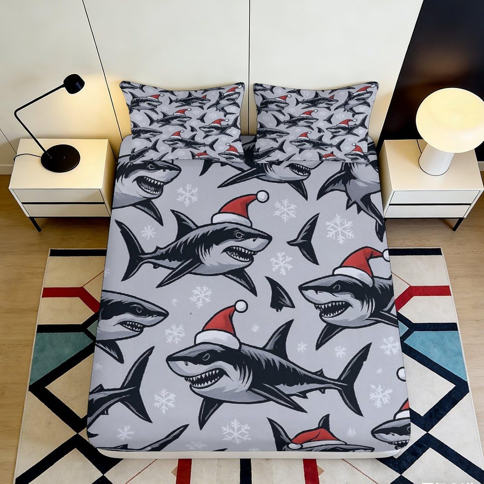 Pnayamiorkfel Style-2 3D Printed Christmas Shark Fitted Sheet Microfiber Grey Snowflake Bed Cover For Bedroom Guest Room Dorm Mattress Protection 90X200x25cm