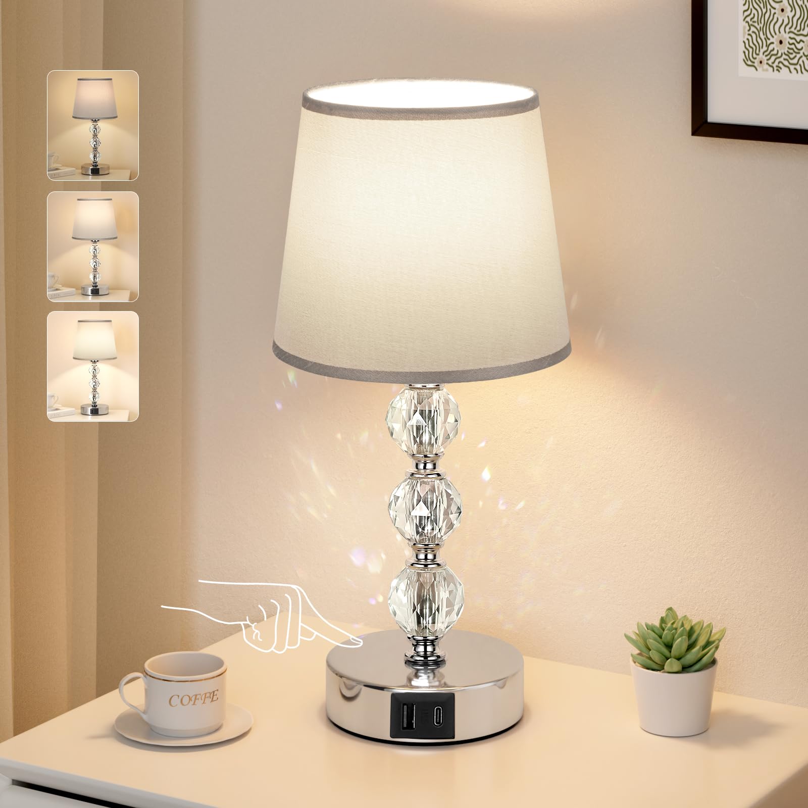 Aooshine Table Lamps for Living Room, Bedside Lamps for Bedroom, Touch Table Lamps with USB-C USB-A Charging Ports, Bedroom Lamps with Grey Shade (LED Bulb Included)